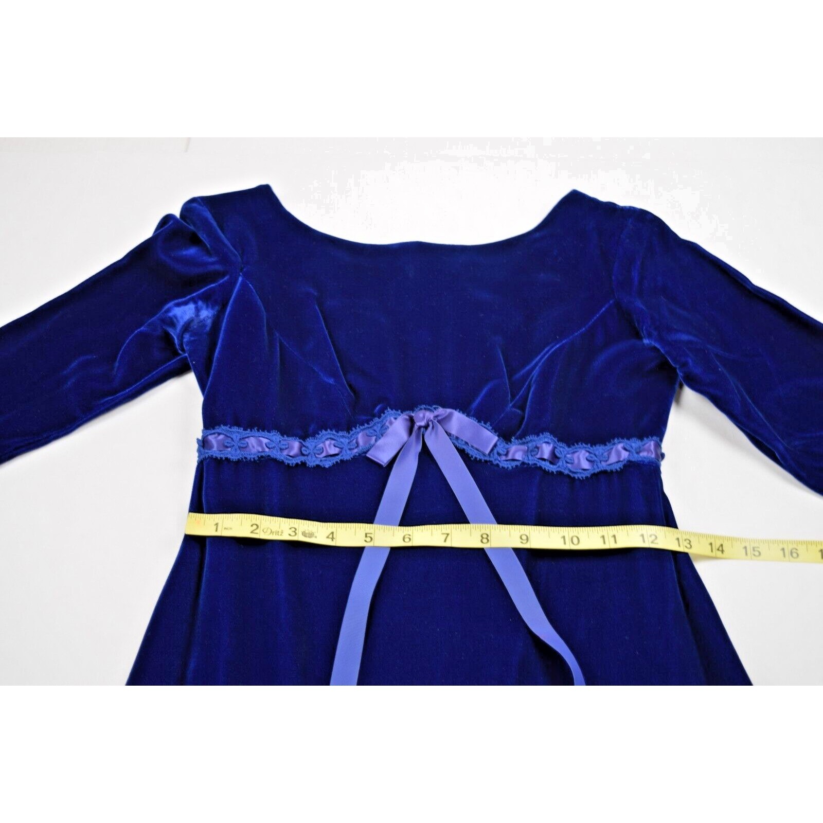 Vintage Dress Size S 70s Blue Velvet Ribbon Trim Empire Waist Button Back