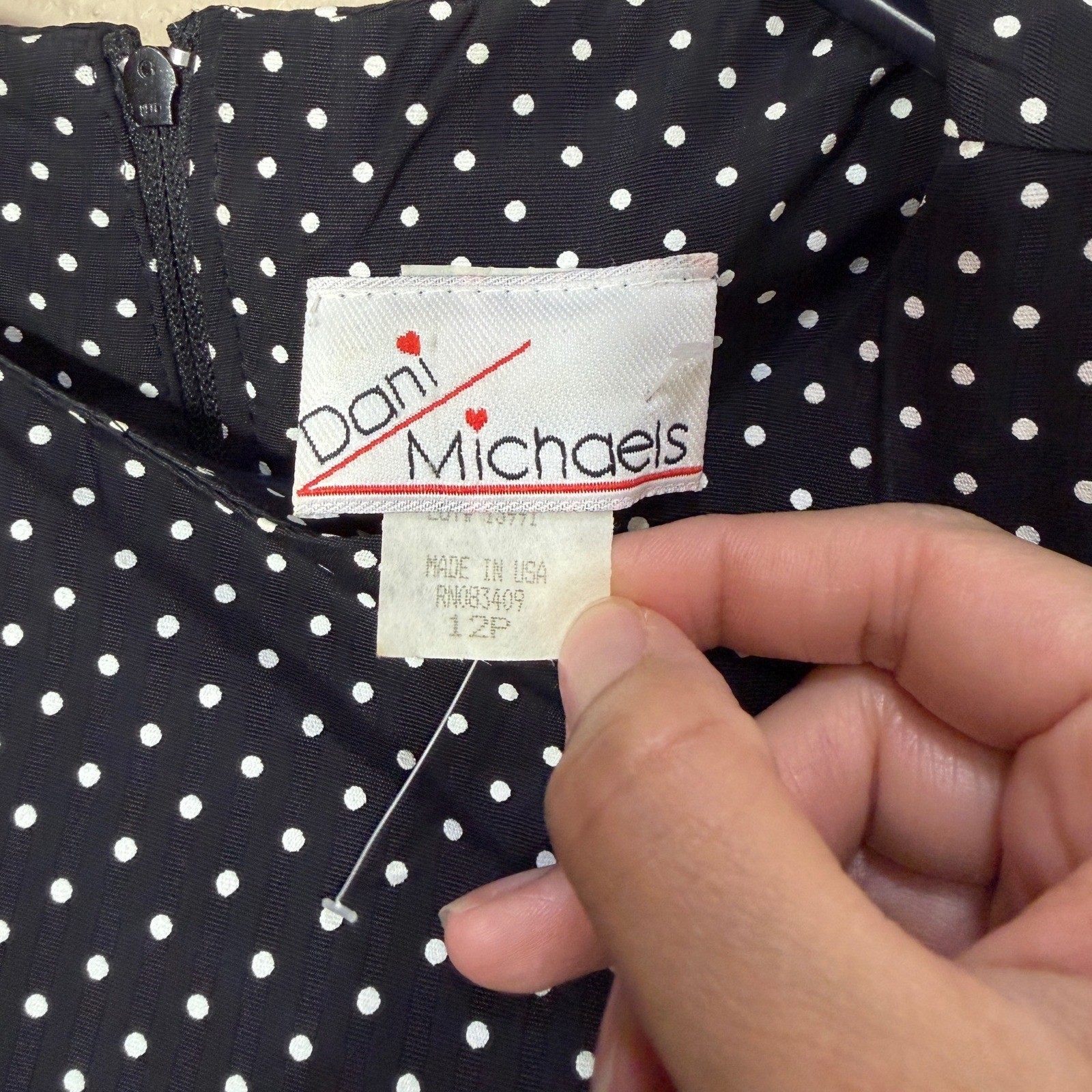 Vintage Dani Michaels Black White Polka Dot Sheath Dress 12P Short Sleeve USA