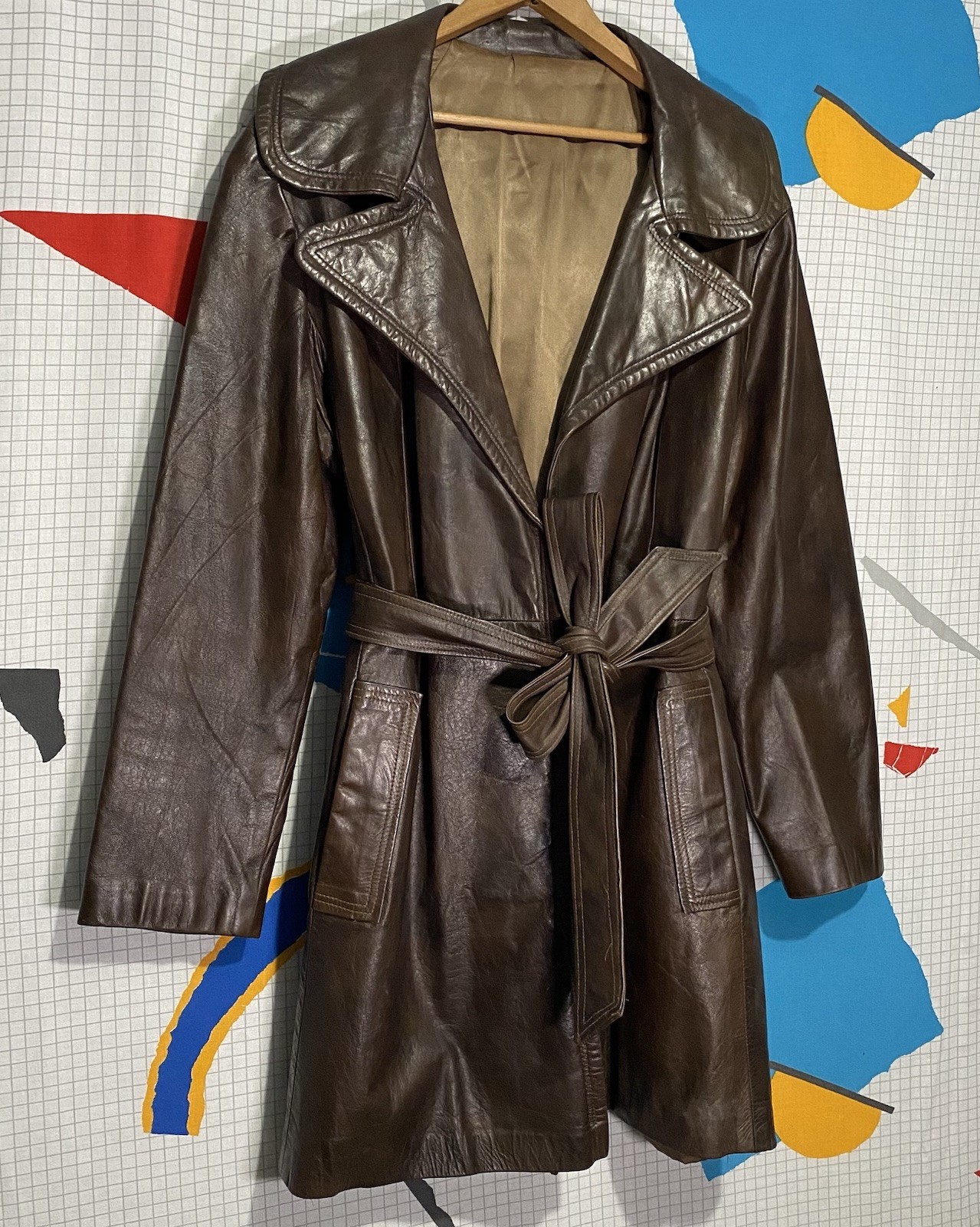 Vintage 60s Hide Leather Trench Coat Belt Wrap Open Wide Spread Lapel Altman