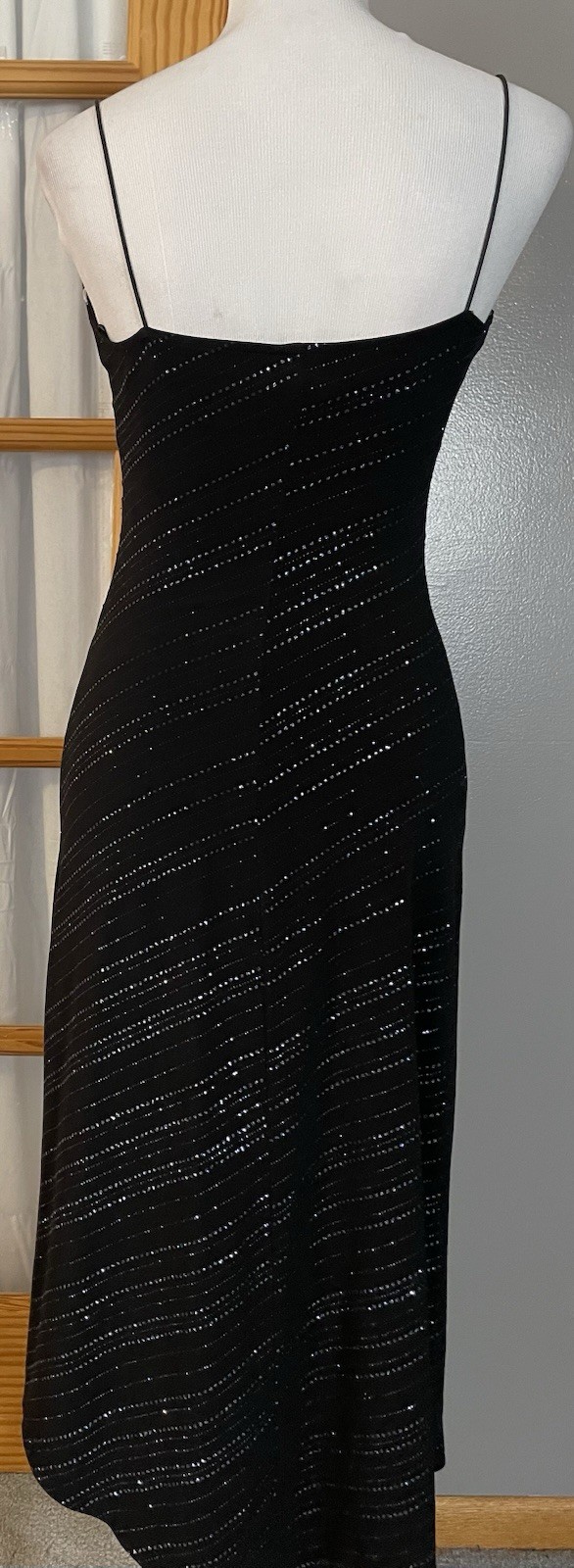 Vtg 70s Bodycon Midi Slip Dress M Metallic Black Ruched Cocktail Formal Club USA