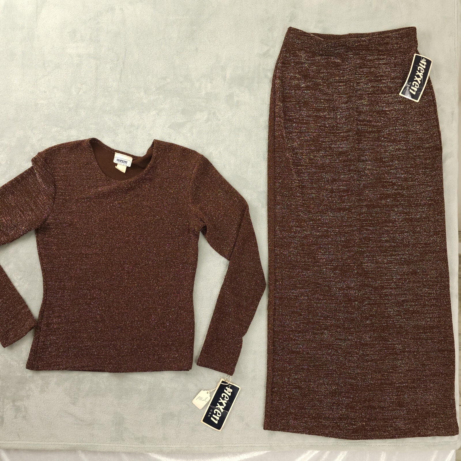 Vtg 70s Disco Brown Silver Metallic Lurex Slim Maxi Skirt Top Set Tags Deadstock