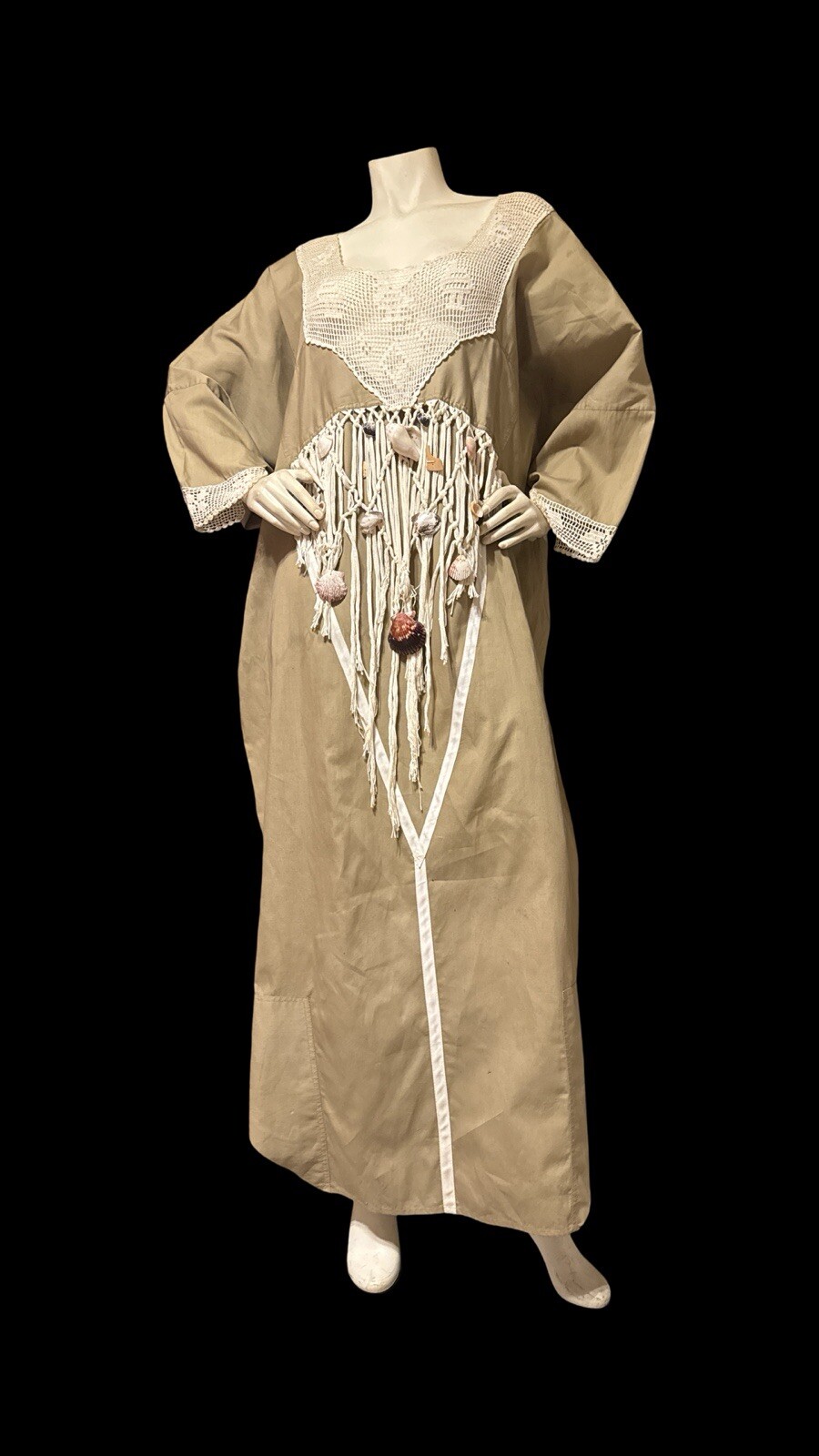 Vintage 80 Crochet Ribbon Dress Opus 1 Khaki Cotton Poplin Macrame & Sea Shells