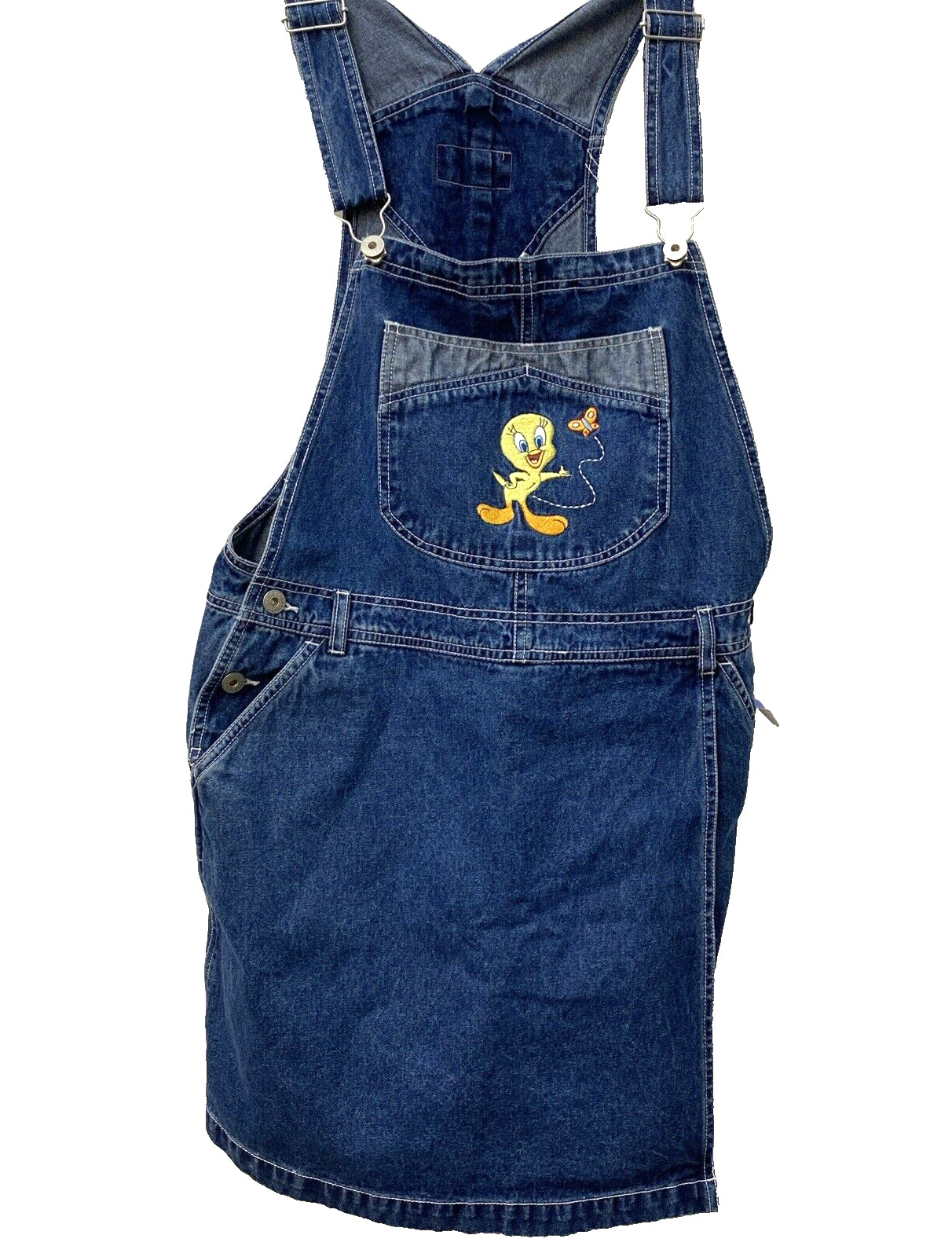 VTG Warner Bros Tweety Bird Bib Skortalls Women’s L Blue Denim Romper ’90s Y2K