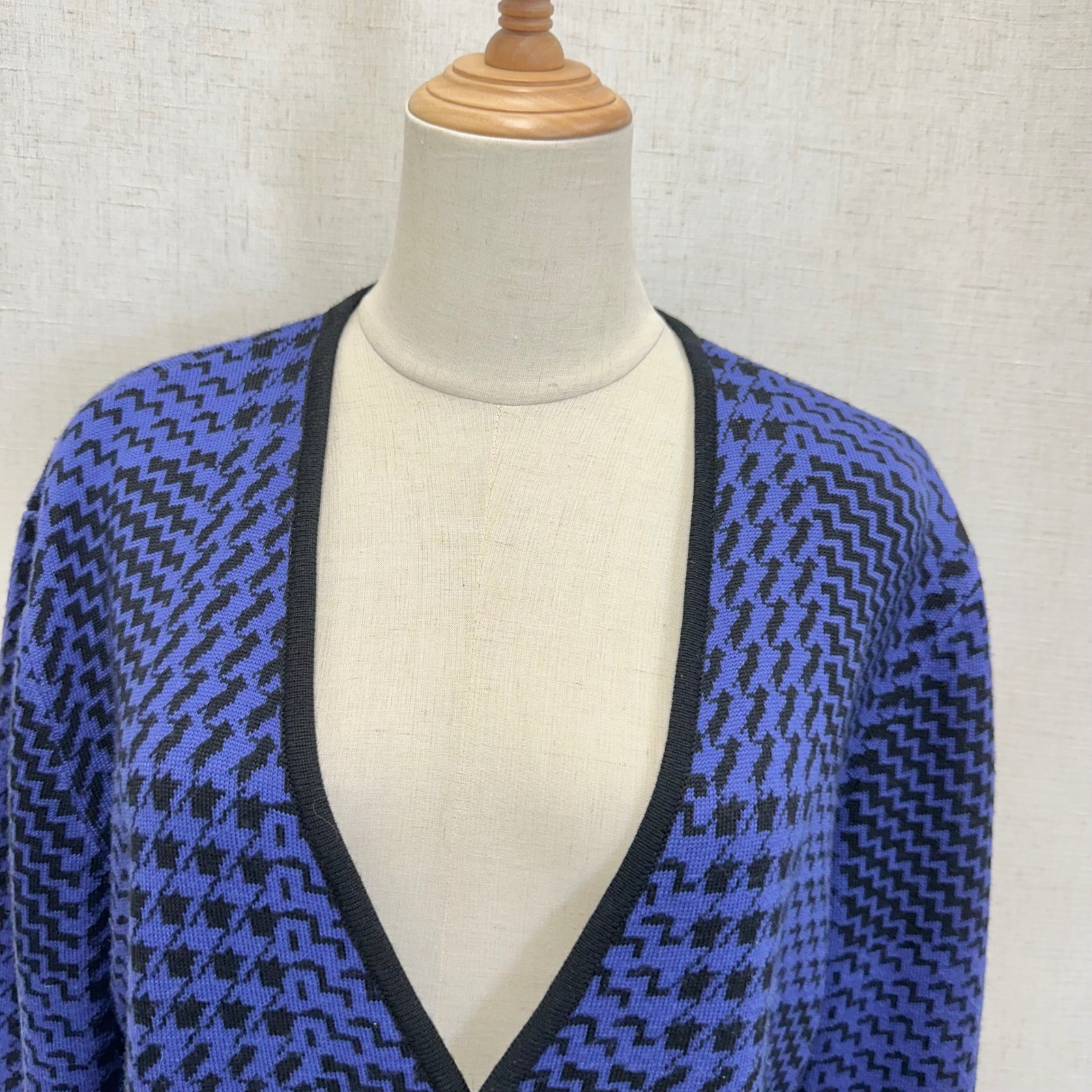 Ciao Ltd Vintage Cardigan Womens Large Blue Black Houndstooth Wool Blend Knit