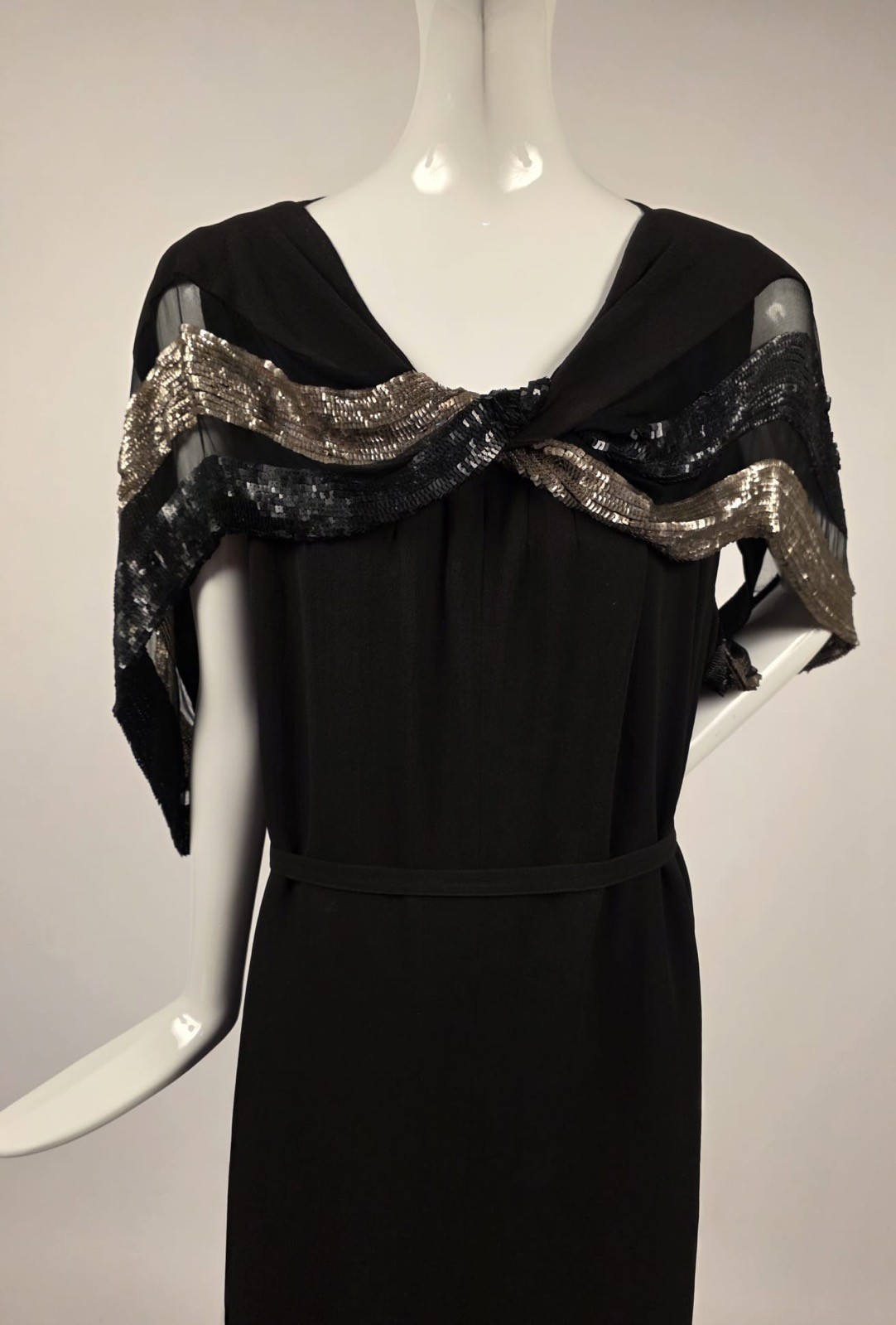 1930’S BLACK CREPE LONG DRESS W SQUARE SEQUIN CHIFFON DRAPED TOP