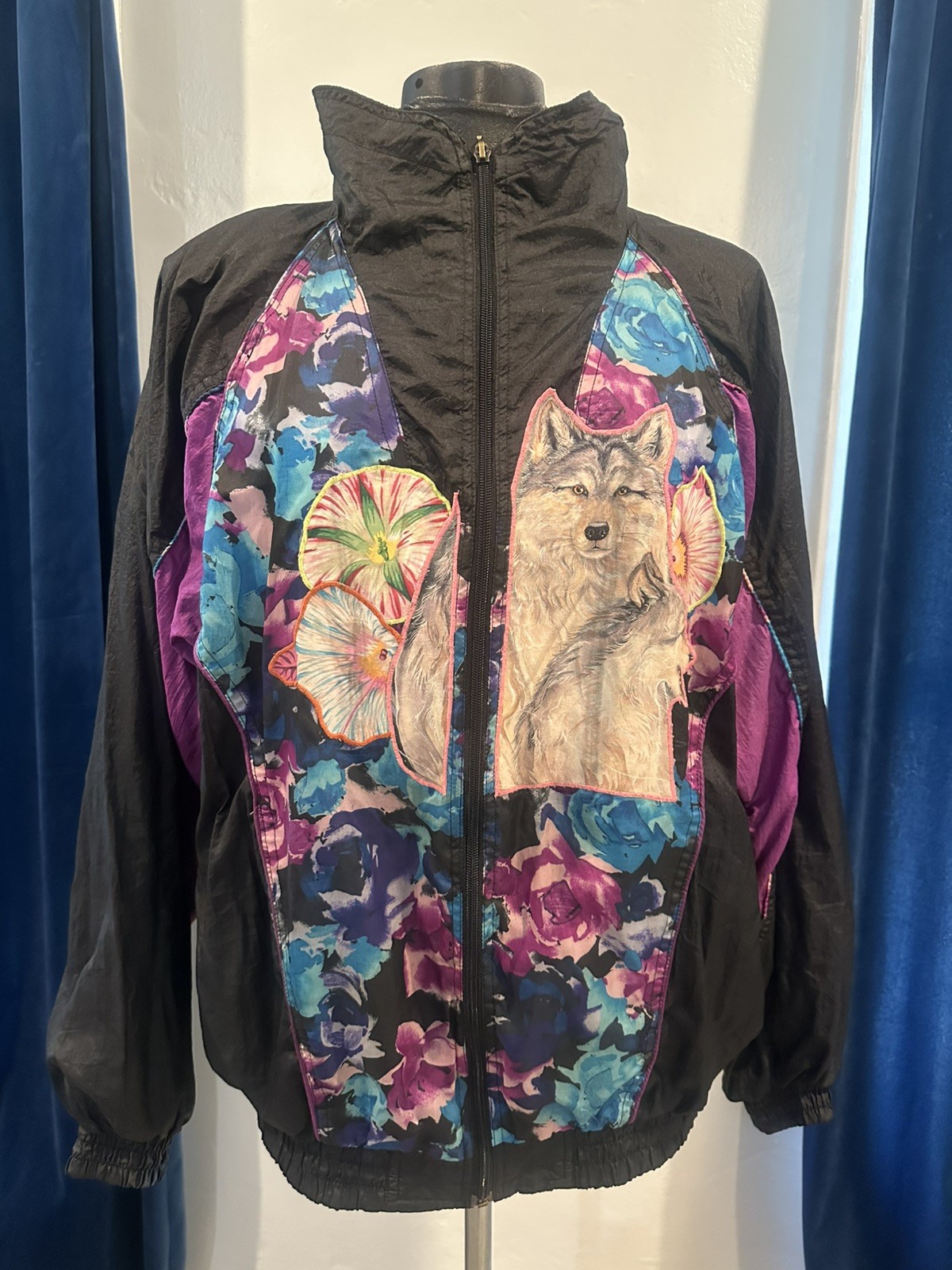 Custom Basic Editions L Windbreaker Jacket Coat Black Floral Purple DIY VTG
