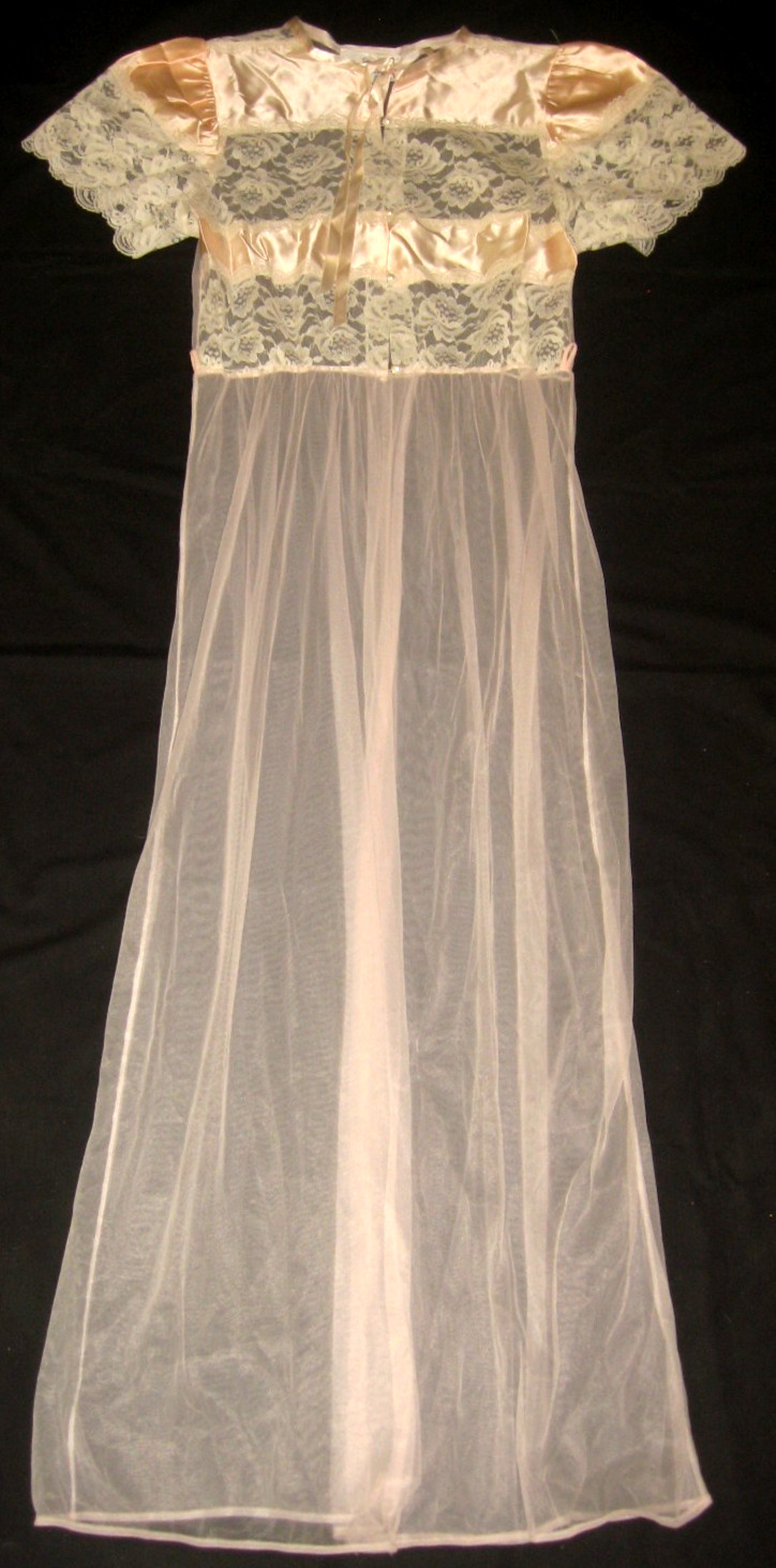 VtG 80s UNDERCOVER WEAR Sheer Chiffon Nylon Chiffon Pink Satin & Lace Robe S USA