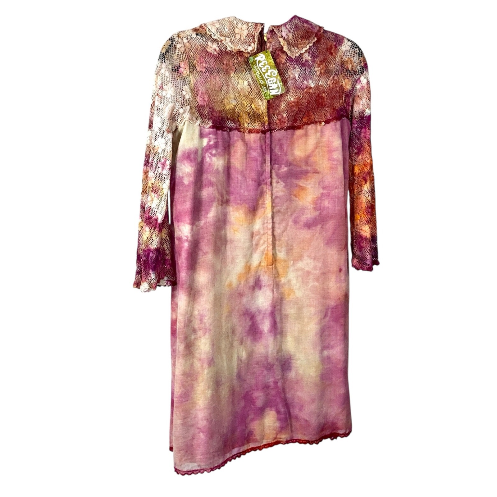 Vintage 1960s Hand Dyed Pink Orange Ice Dye Shift Dress Bell Sleeves Lace Yoke
