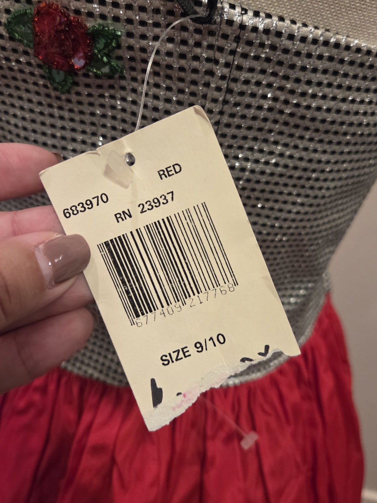 VTG LOL Strapless Red Black Silver Checkered Rose Embroidered Metallic Dress9/10