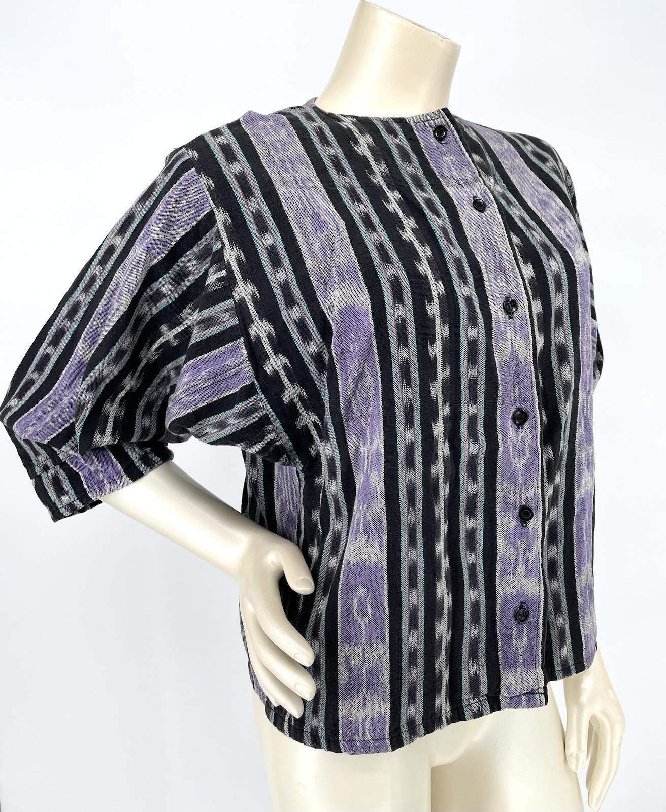 Vintage 80s Ikat Aztec EL HUARACHE Hand Woven Cotten Hippie Boxy Shirt Top med