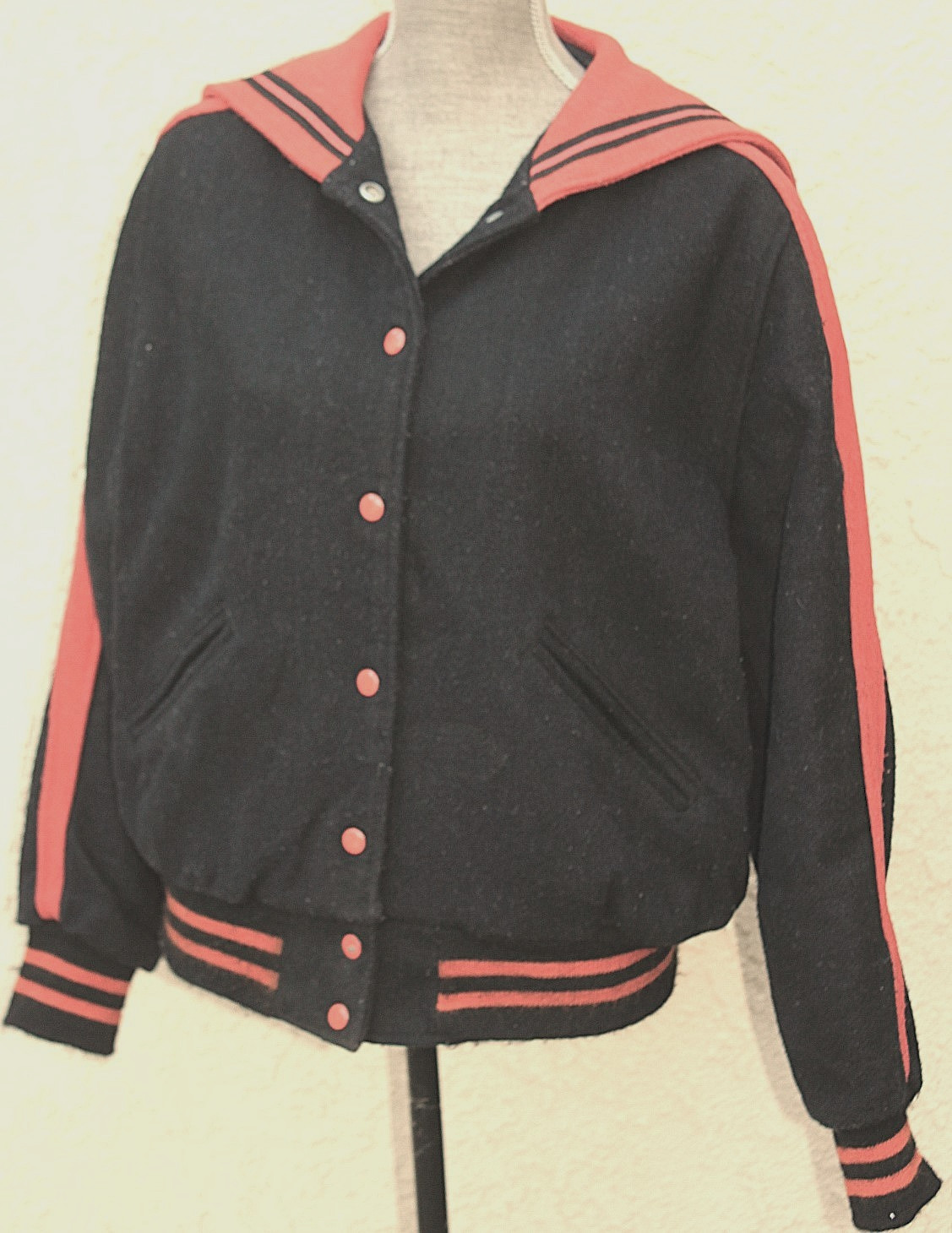 Vtg Butwin Lettermans Jacket Wool Black & Orange Sailor Collar Sz M? check meas.