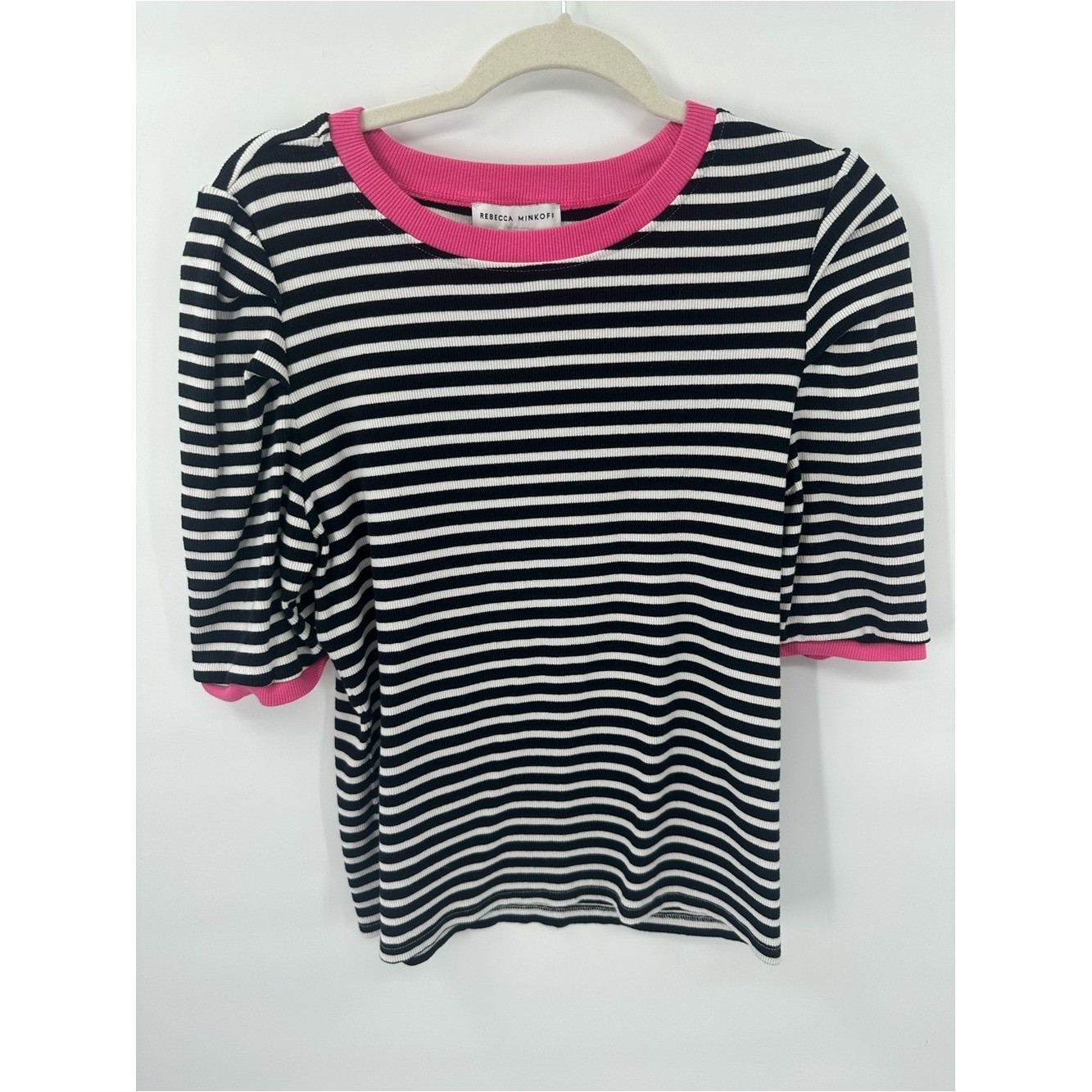 Rebecca Minkoff Ribbed Striped Puff Sleeve Top Large Black White Pink Cotton Str