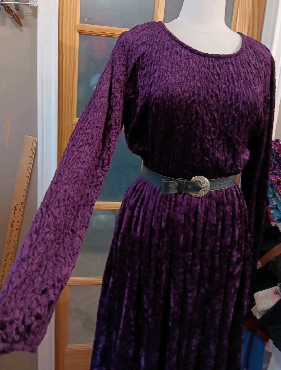 Vtg Western Dress 80s Velvet Purple Full CIRCLE T Swing Sz M Belt Amazing Midi