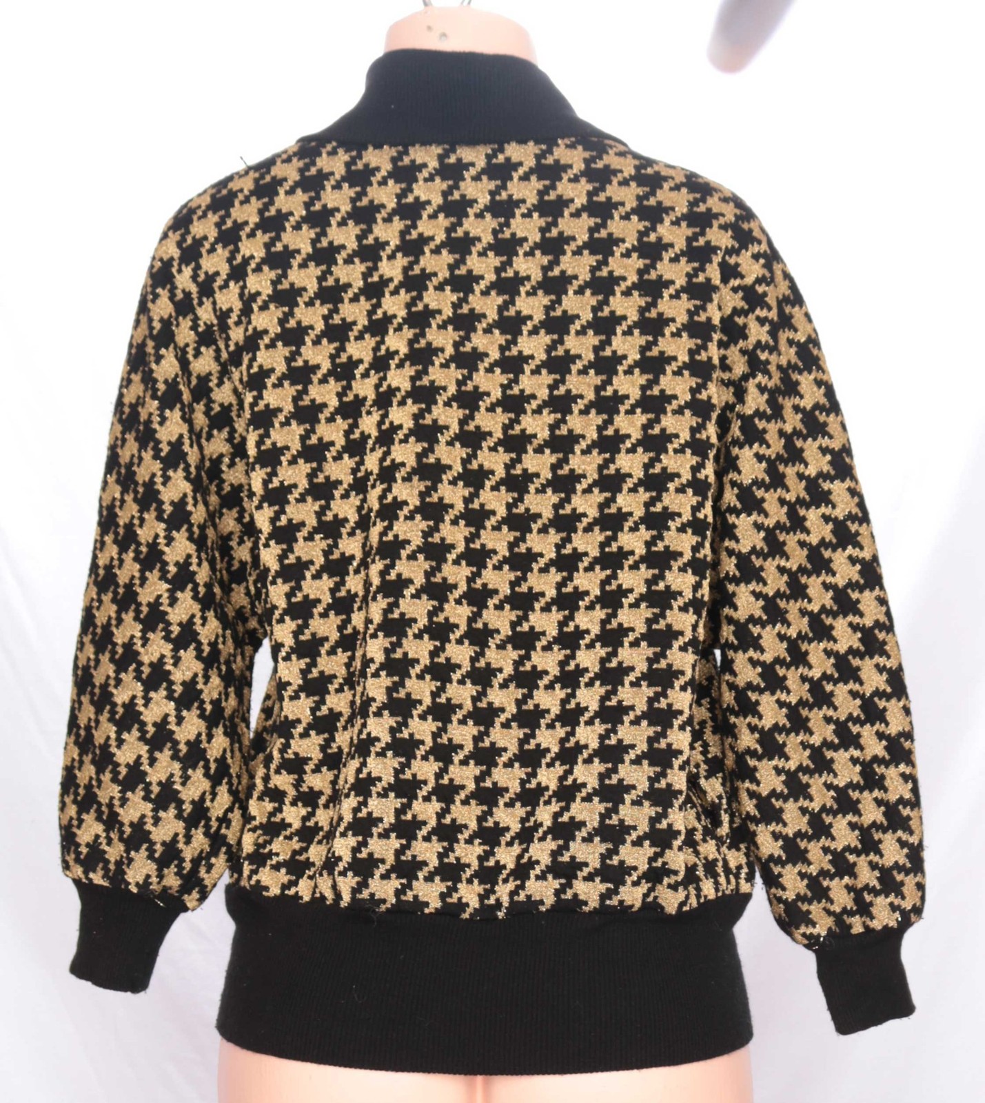80s Vintage Sweater Metallic Gold Lurex Houndstooth Oversized New Wave Small