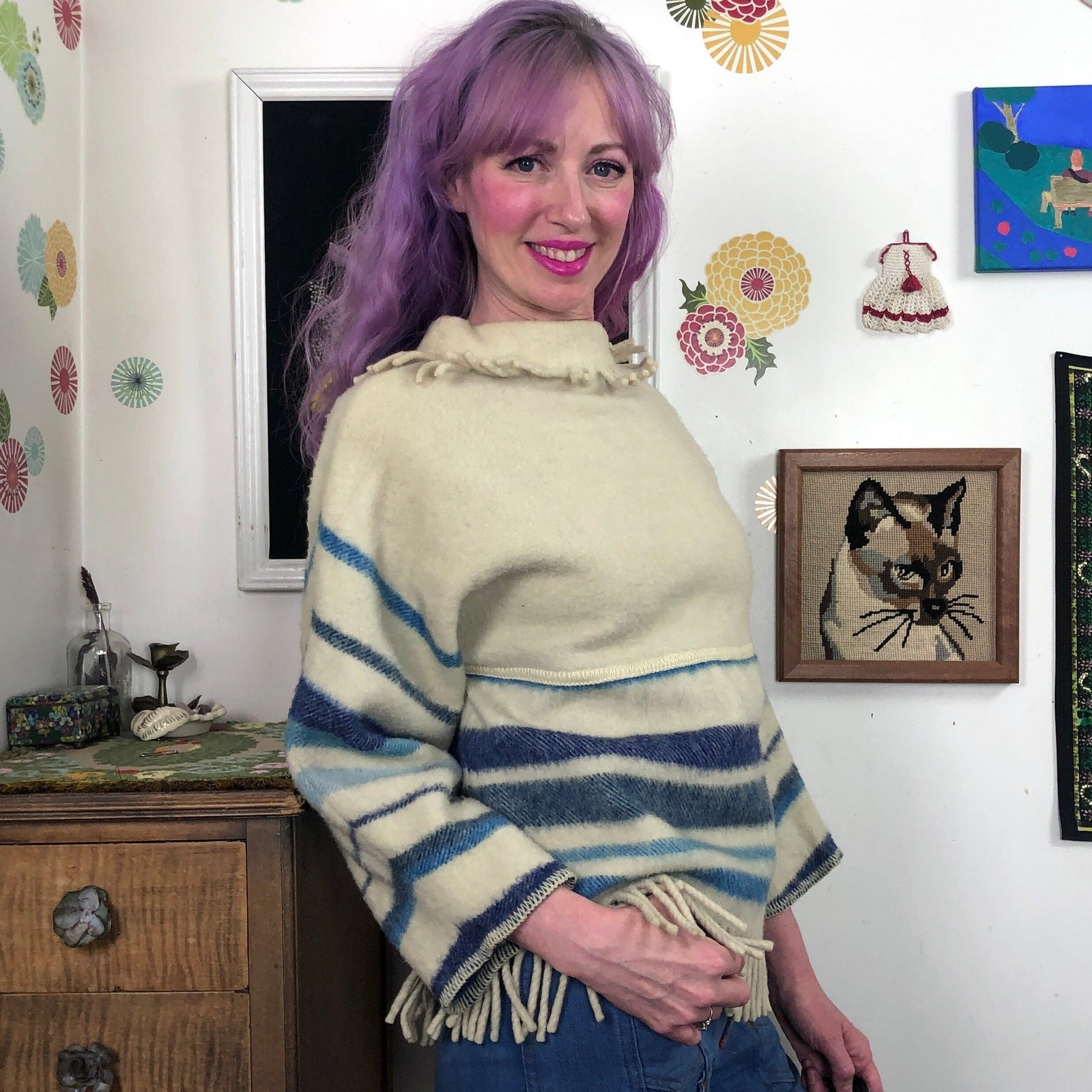 Vintage Lapp Lander Blanket Sweater, 70s Cream & Blue Fringed Wool Mockneck Sz S