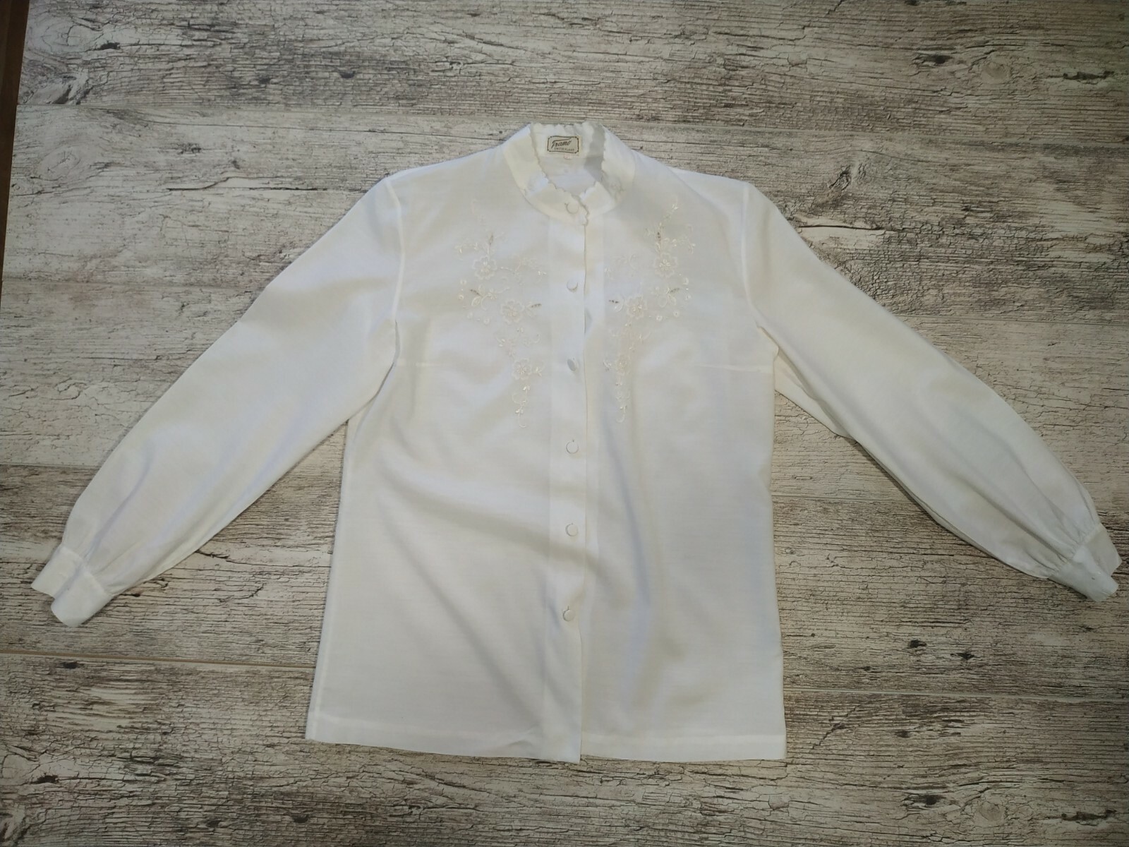 VINTAGE 60’s White Polyester Blend Blouse Embroidery Tramo Switzerland Size 38