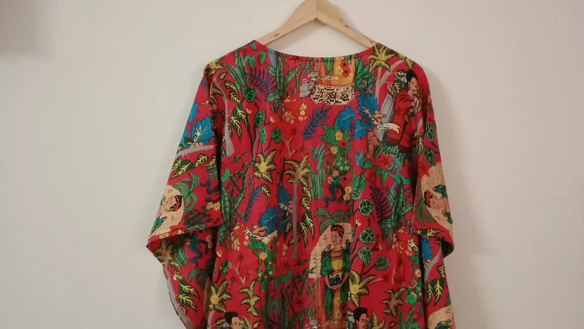 Frida Kahlo Design Caftan Indian Bohemian Nightwear Red Dress Long Kaftan Maxi