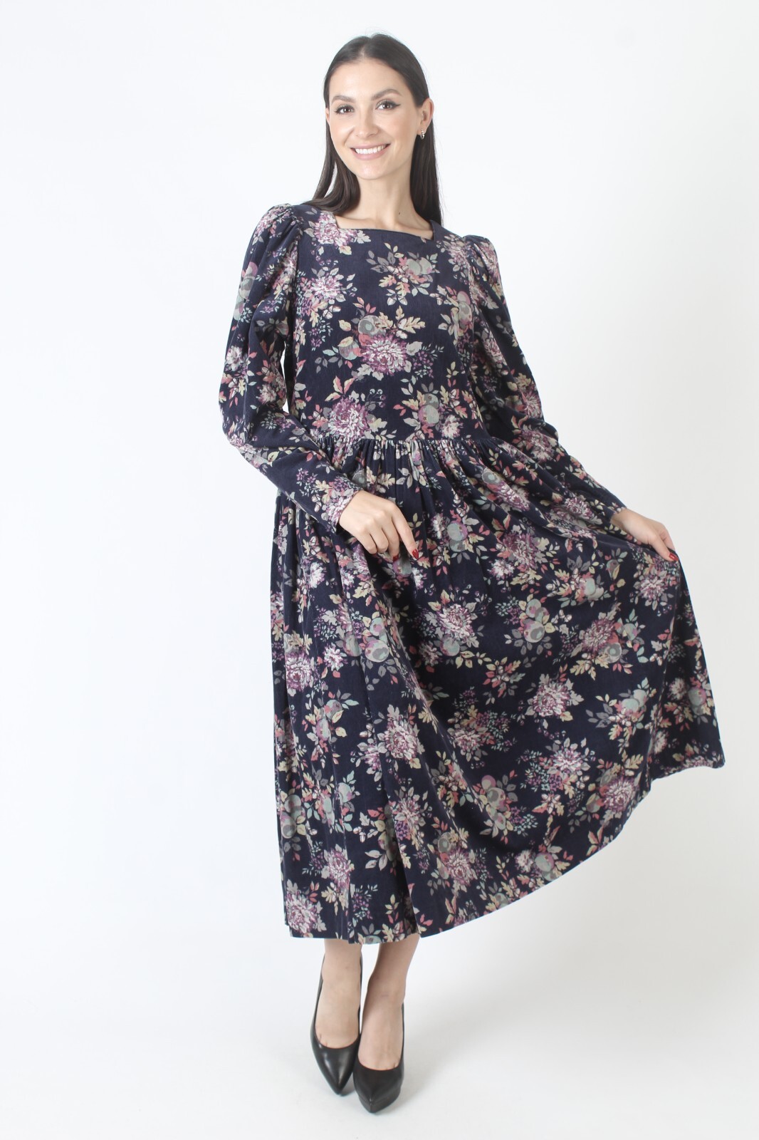 Vtg 80s Laura Ashley Corduroy Dress Floral Farm Cord Pockets Prairie Midi 12 10