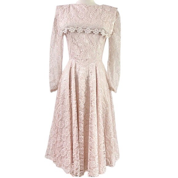 Vintage Lace Sailor Collar Soft Pink Peach Midi Long Sleeve Dress Women’s 11/12