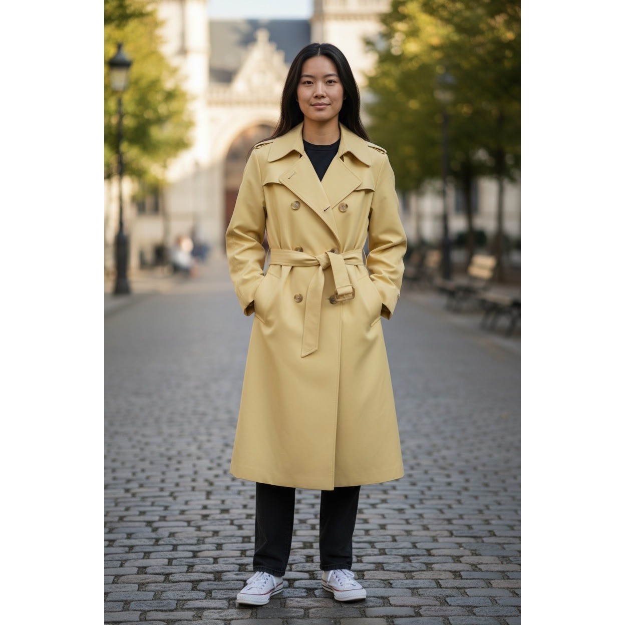 Vintage Yellow Double Breasted Trench Coat Belted Mod Oversized Collar Size 10