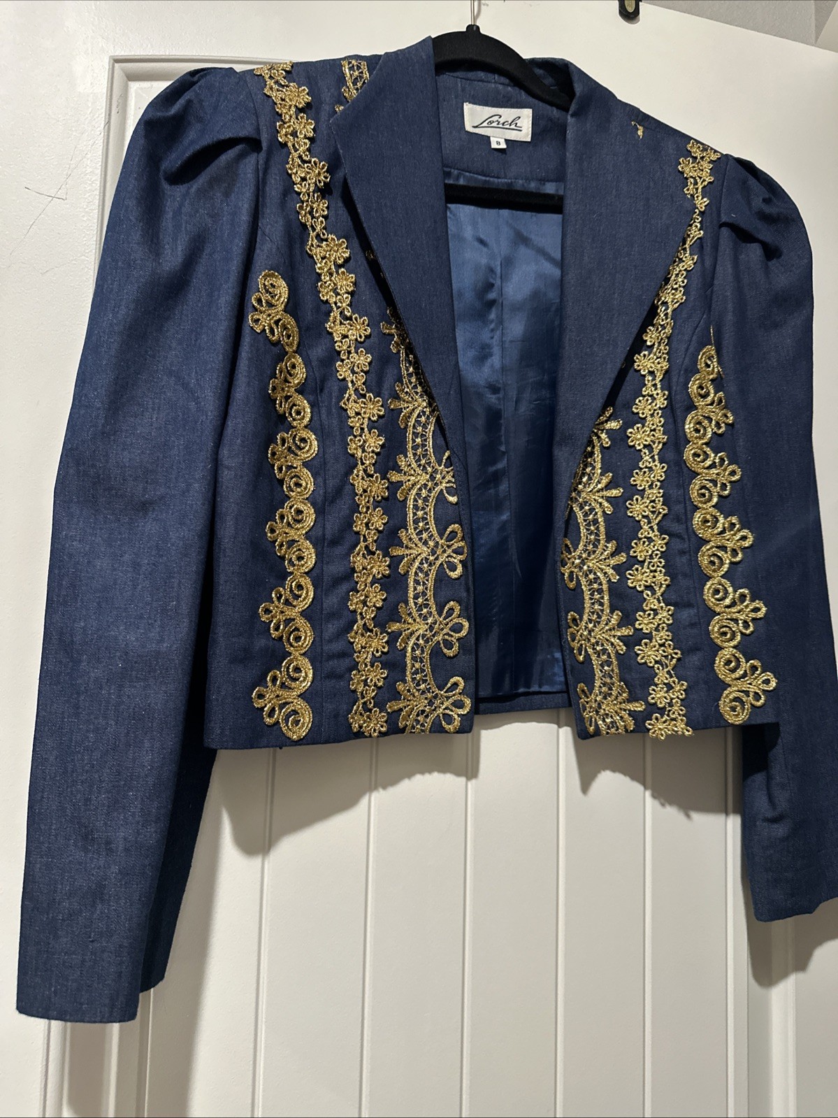 VTG Lorch of Dallas Blazer Navy Gold Floral Embroidery S 8 Padded Shoulder USA
