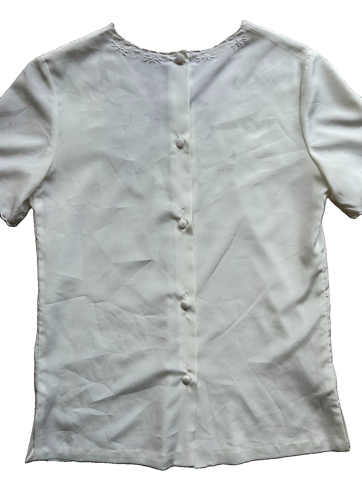 Rose Blouse Shirt Top White Back Button Floral S 80s Hand Embroidered Romantic