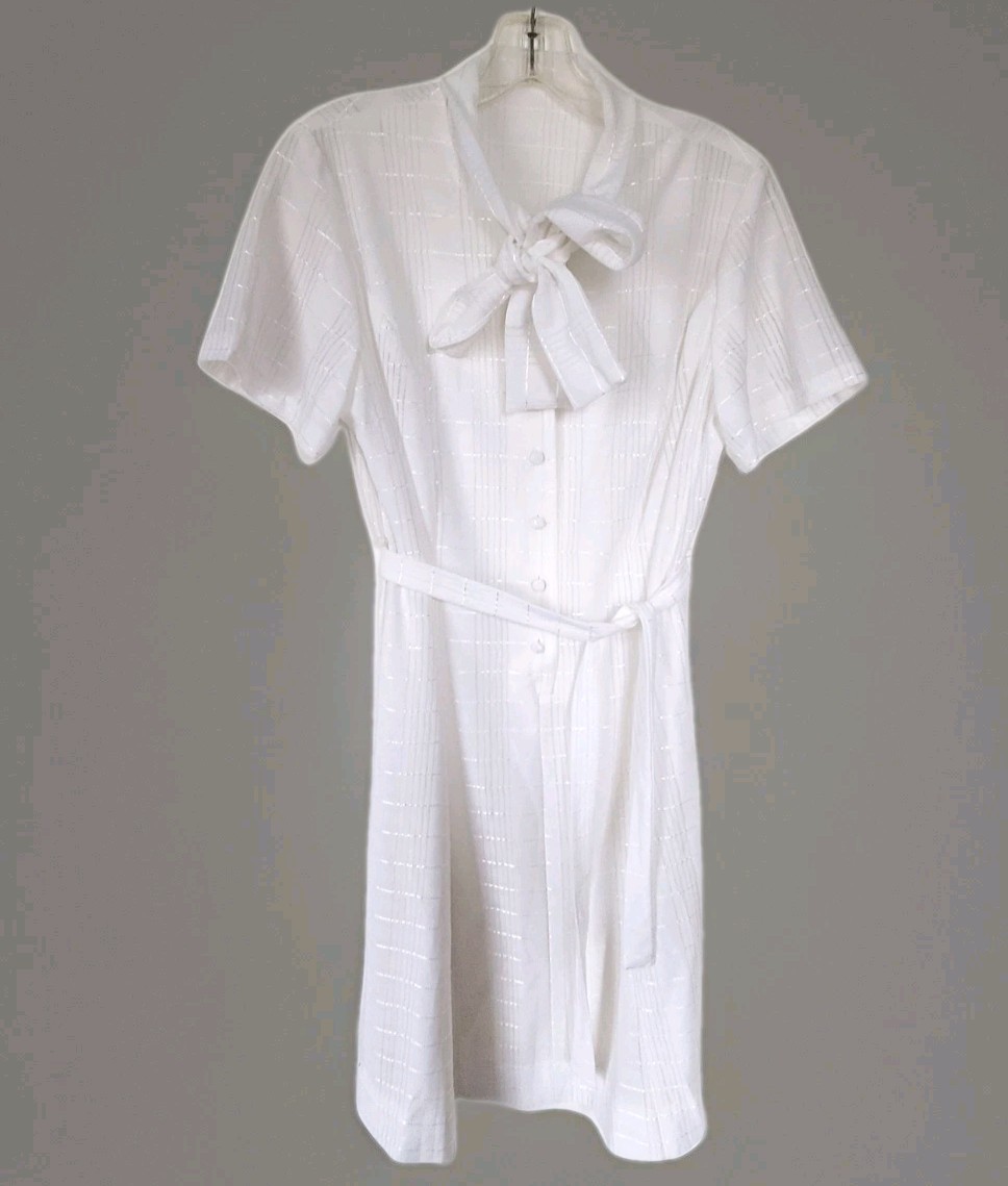 Vintage 60s 70s White Windowpane Check Shirt Dress Tie Neck Bow Belted Sz S/M
