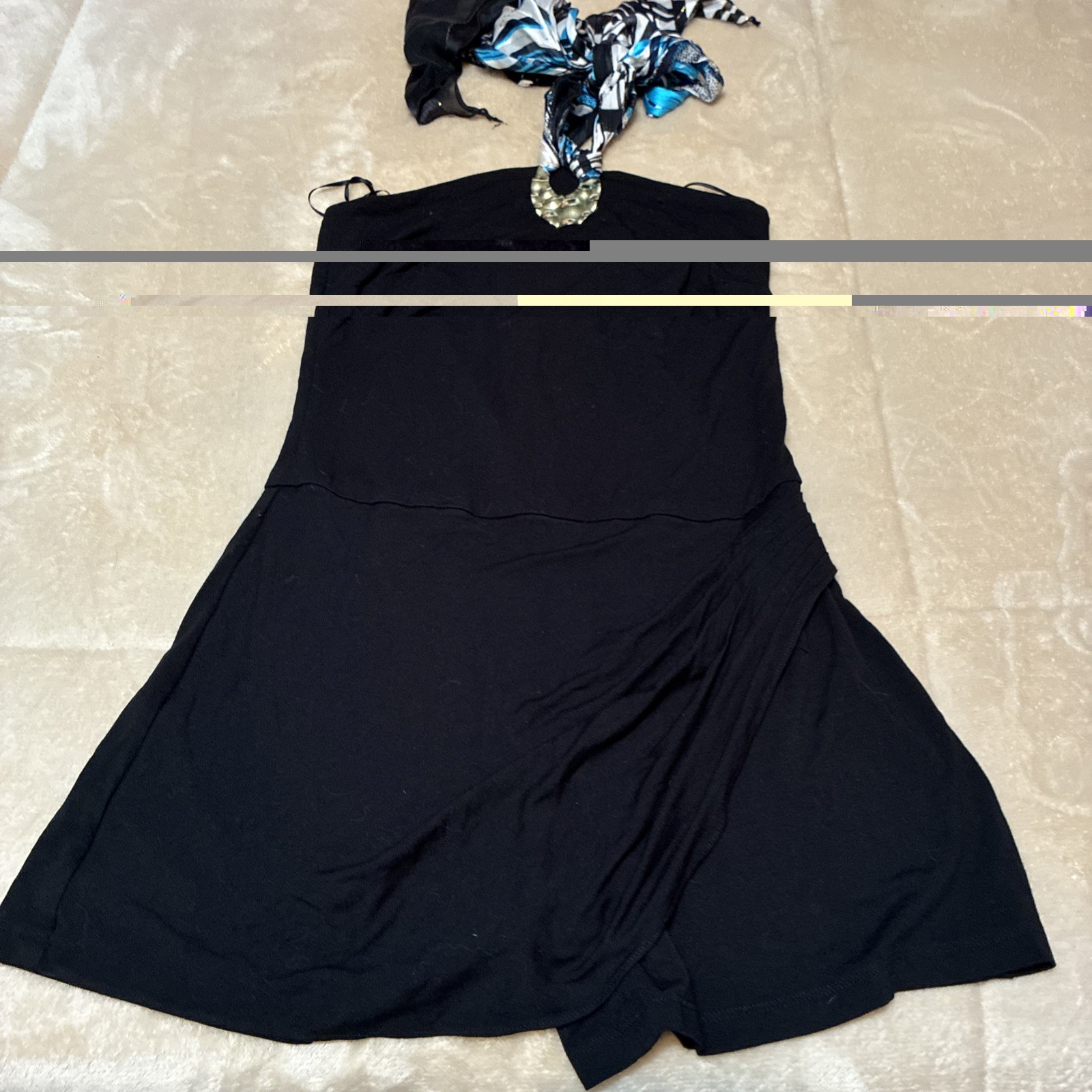 Vintage Cache Black Halter Dress Romper Y2K Blue Scarf Neckline