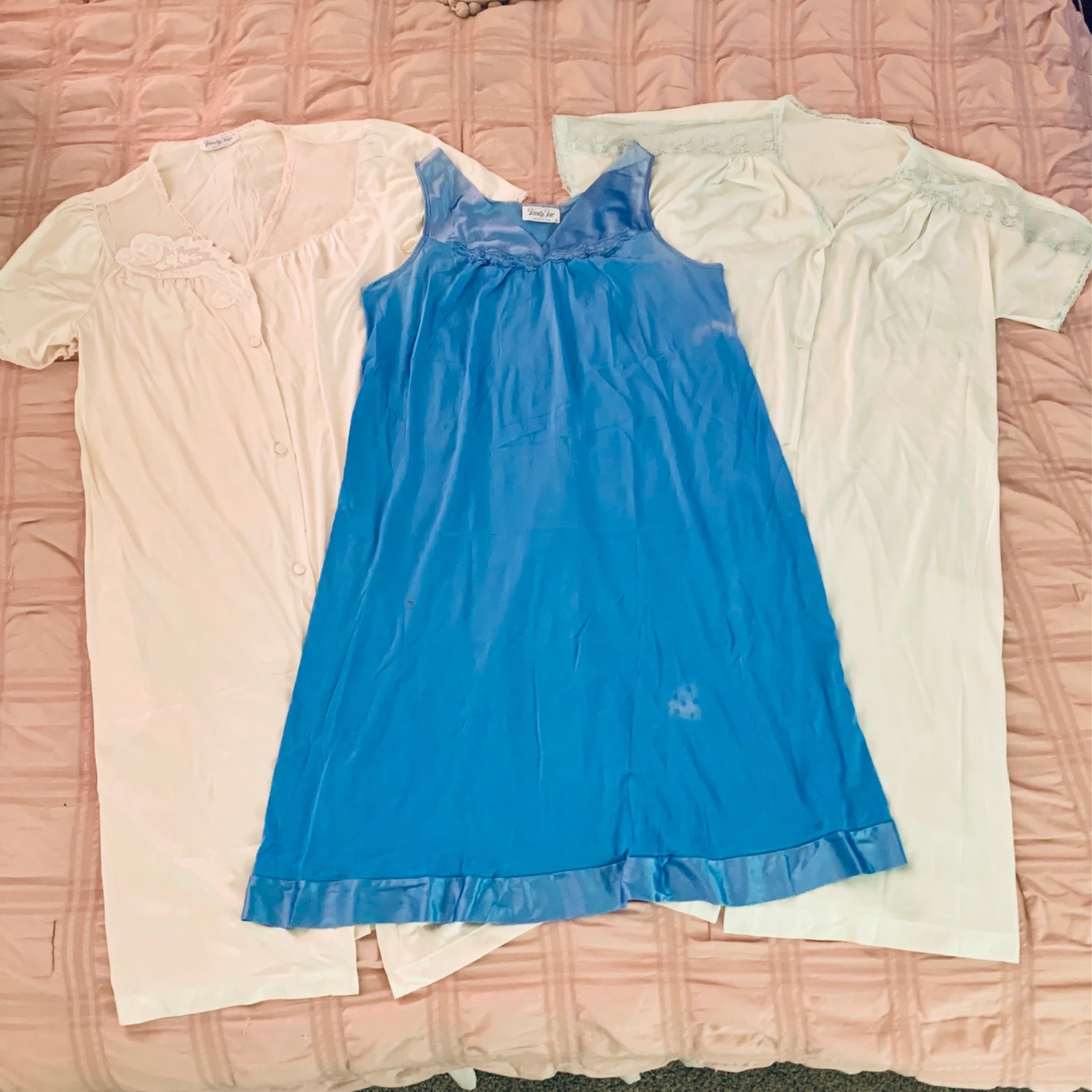 LOT of 3x Vintage Vanity Fair BLUE PINK AQUA Robe Slip Gown Nylon Nightgown SZ S