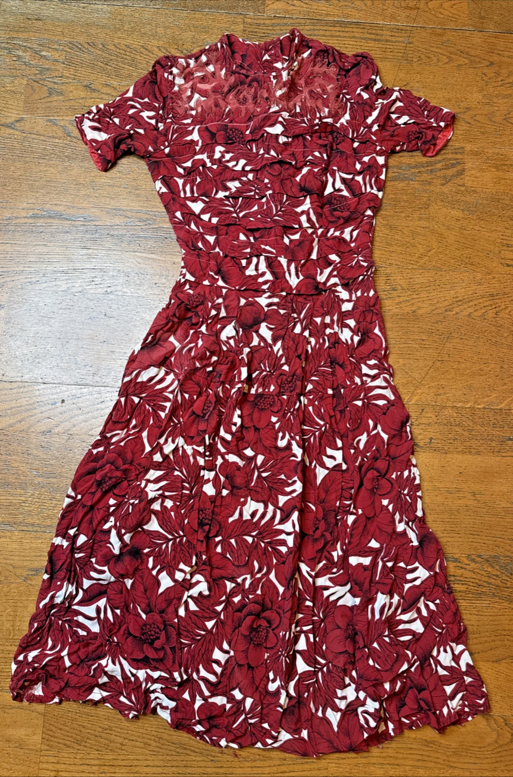 Antique 1930s Cranberry Floral Crepe Dress – Appliqué Netted Yoke – Back Buttons