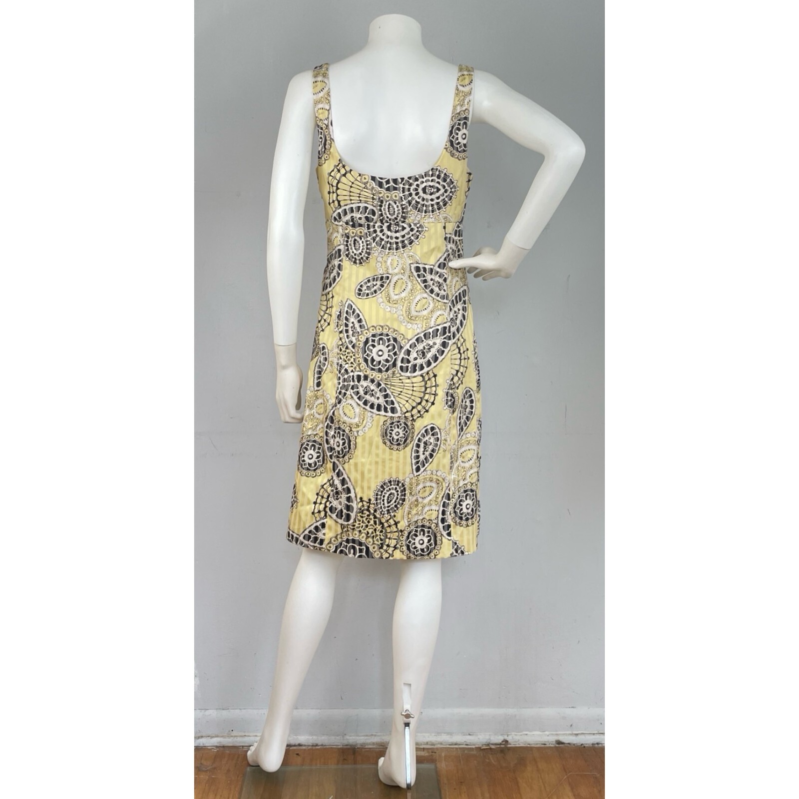 Vintage Alberto Makali Dress Yellow Brown Abstract Cotton Lined Size Medium