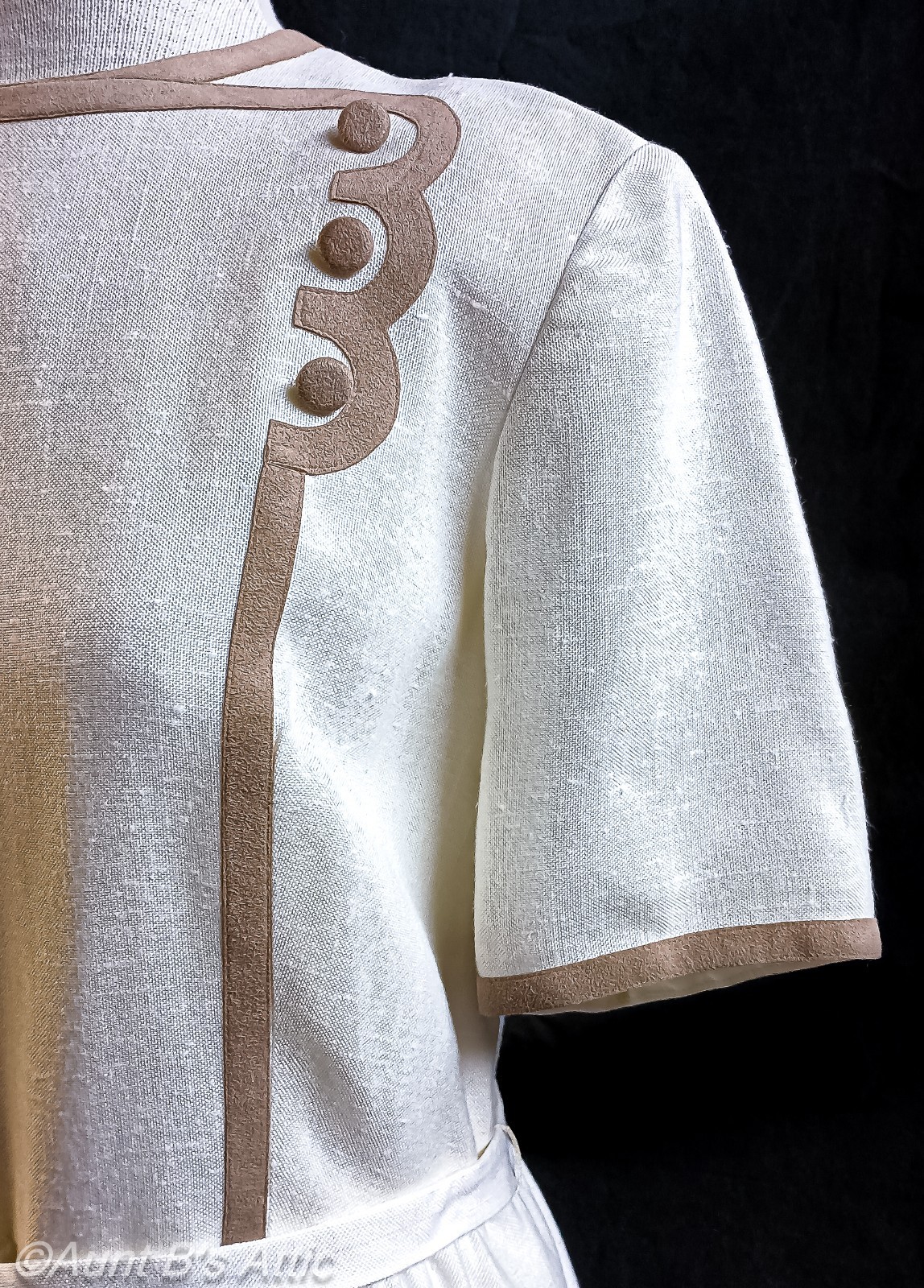 Vtg 70’s Posh By Jay Anderson Ivory Linen W/ Tan Ultra Suede Sheath Dress Medium