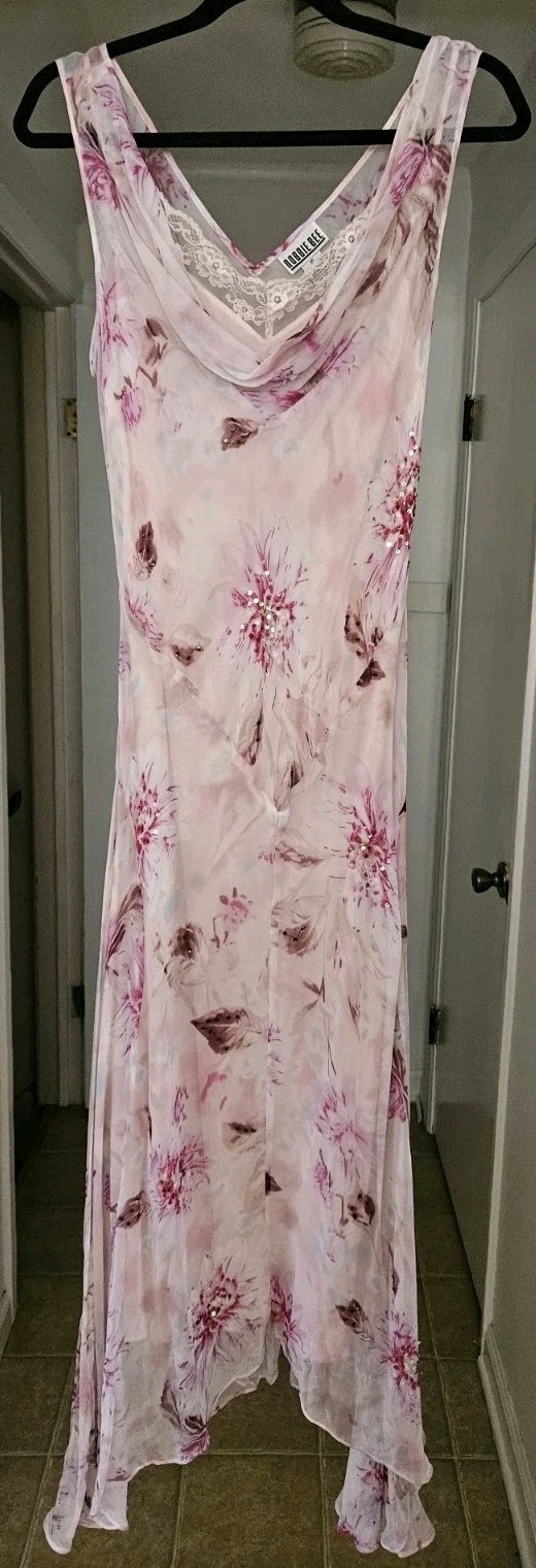 100% SILK Pink Floral Fairycore Whimsigoth Asymmetric Slip Dress Robbie Bee /16