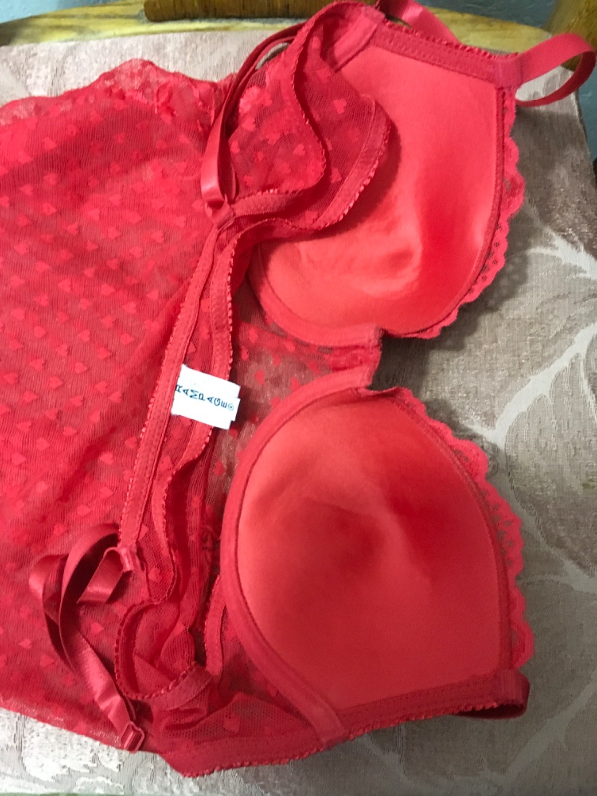 Rampage, Red lacy, sheer, shorty nighty with bra, L, chest, (6893)
