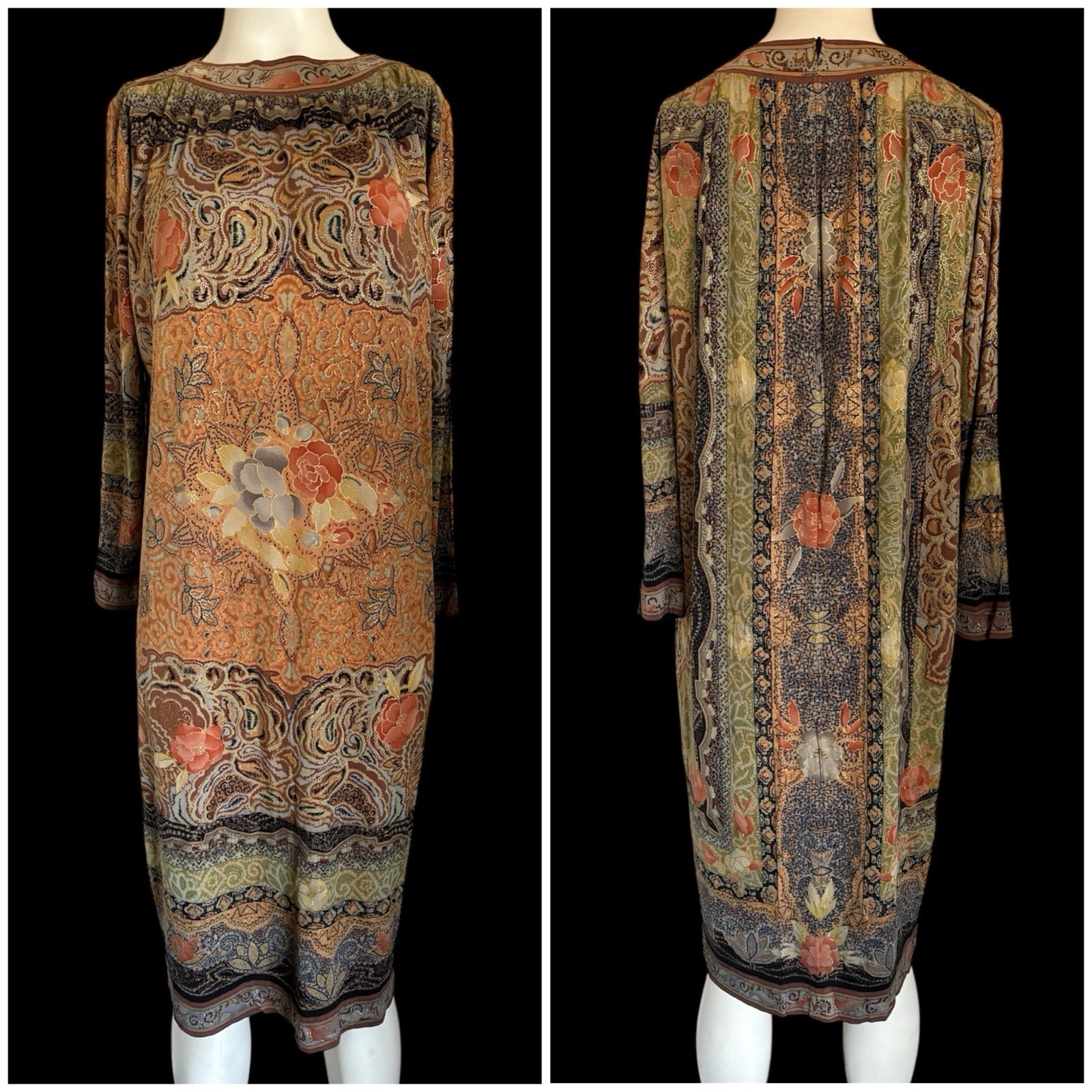 Vintage 70’s LEONARD Paris Silk Jersey Boho Floral Paisley Metallic Dress M-L