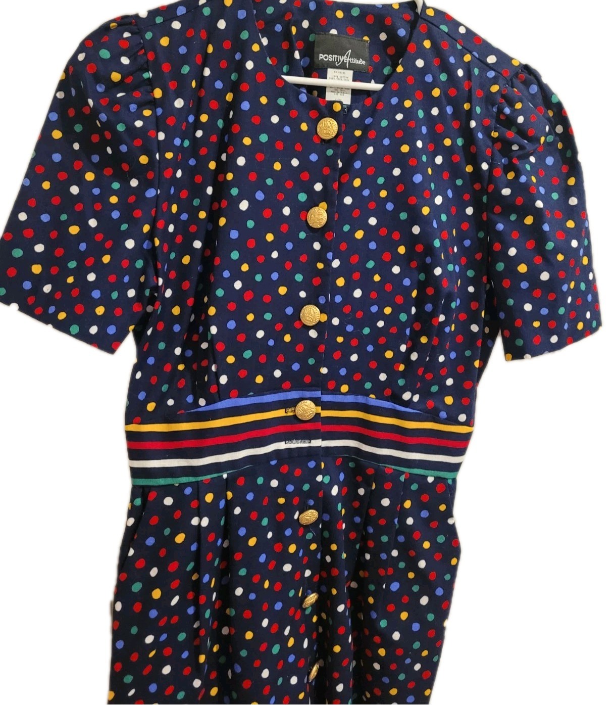 Polka Dot Vintage Dress Womens Size 12/14 multi colored Rainbow Dots Button Down