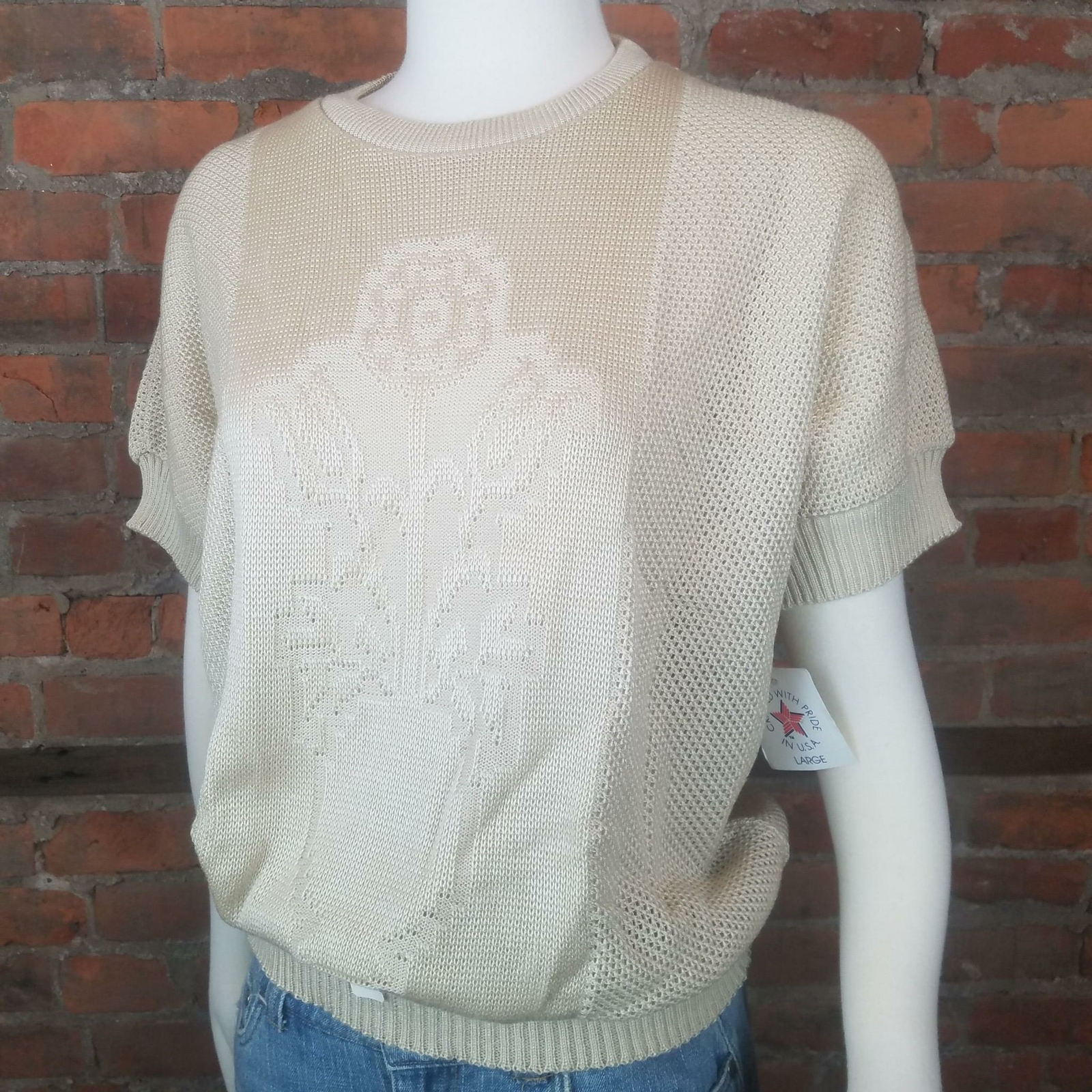 Vintage Womens Lightweight Sweater Beige Pointelle Flower Pot Design Size L