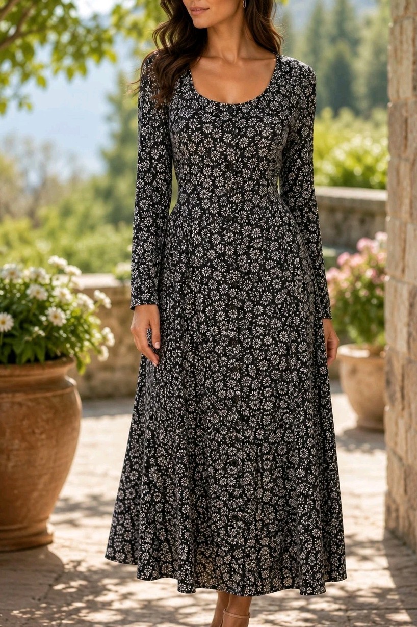 VTG Cherry Stix 100% Rayon Maxi Dress Sz M Black/White Floral Button Down Long S