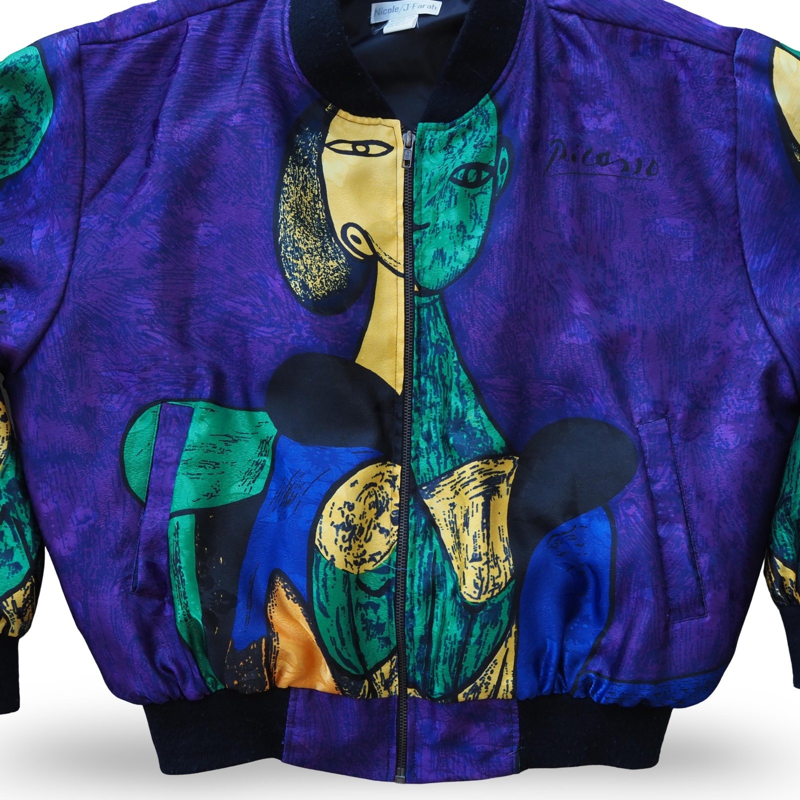 Vintage Nicole J Farah Picasso Face Art Bomber Jacket Women’s L-XL Purple