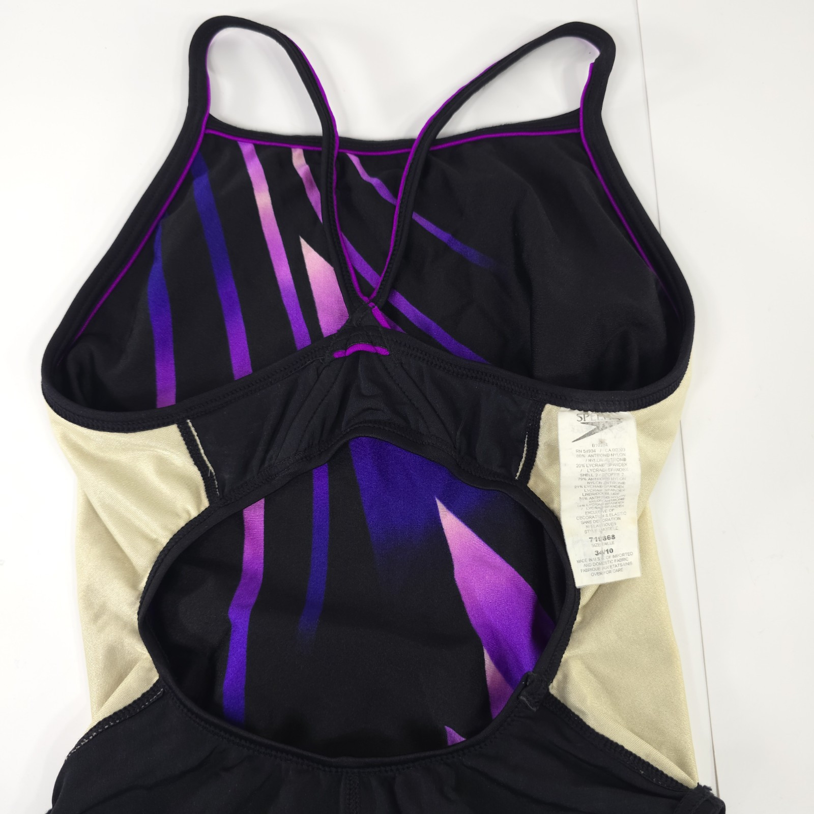 VINTAGE SPEEDO SWIMSUIT WOMENS SIZE 34 / 10 BLACK PINK PURPLE WIRE FREE UNPADDED