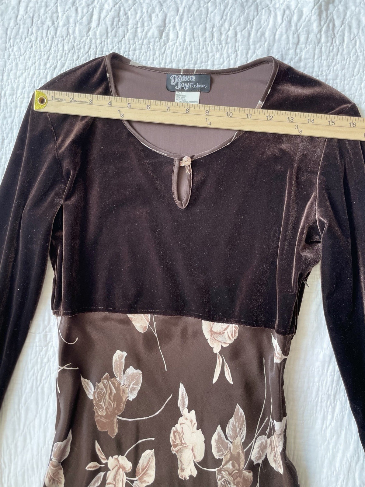 Vintage S M Dress Maxi Velour Satin Rose Floral print 90s Brown VGUC