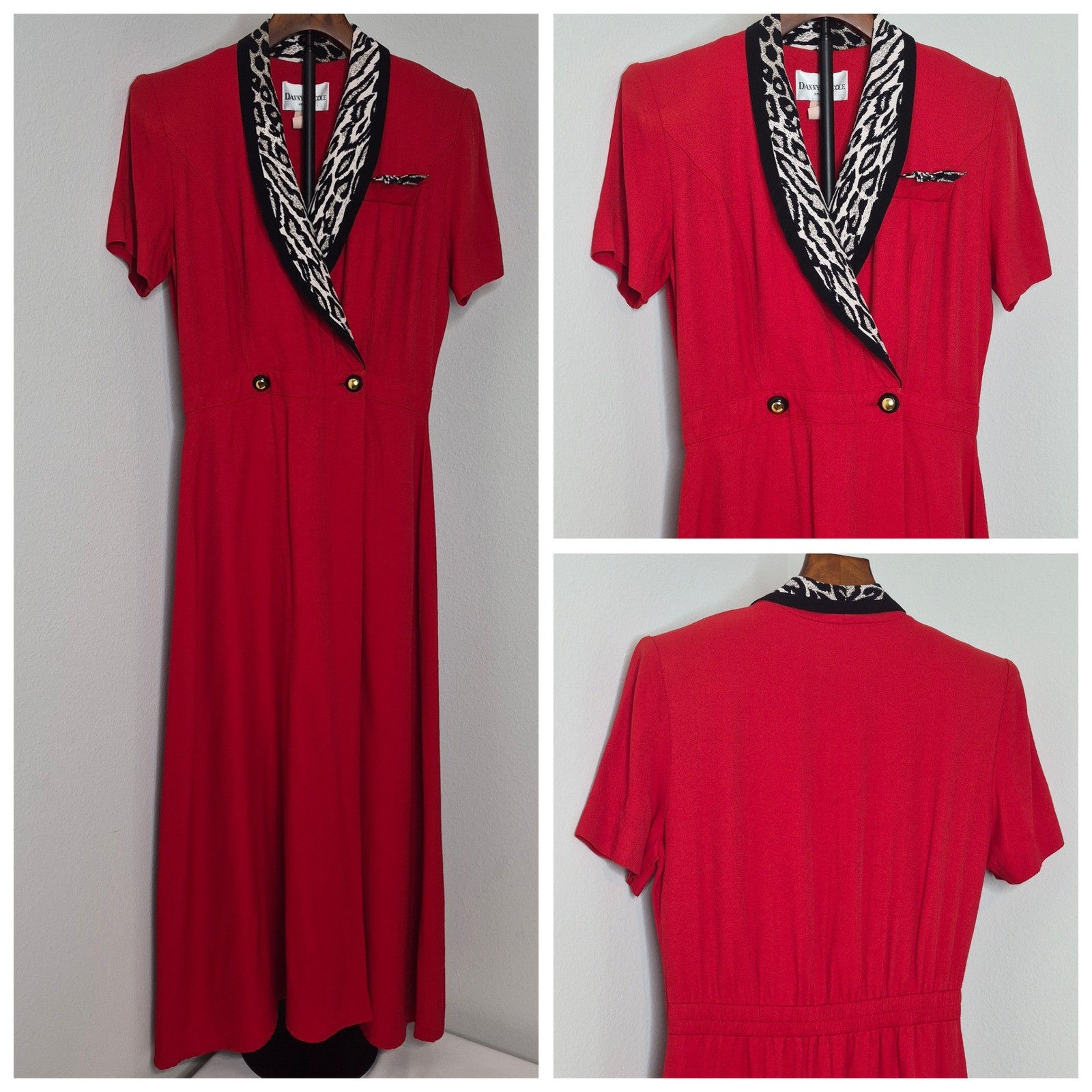 Vintage 80s Danny & Nicole Red Dress Animal Print 8 Made in USA Maximalism Retro