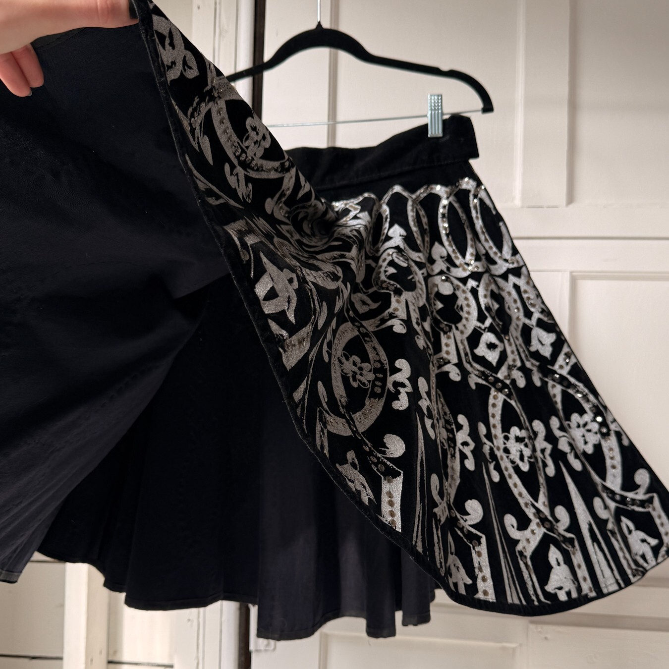 Vintage 1950s Mexican Hand Painted Silver Sequin Velvet Set Top Skirt Large VLV