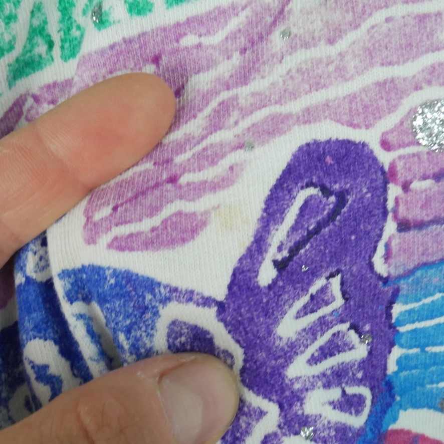 Vintage 90s Fish Print Tropical T Shirt Glitter Surf AOP 80s Beach Multicolor OS