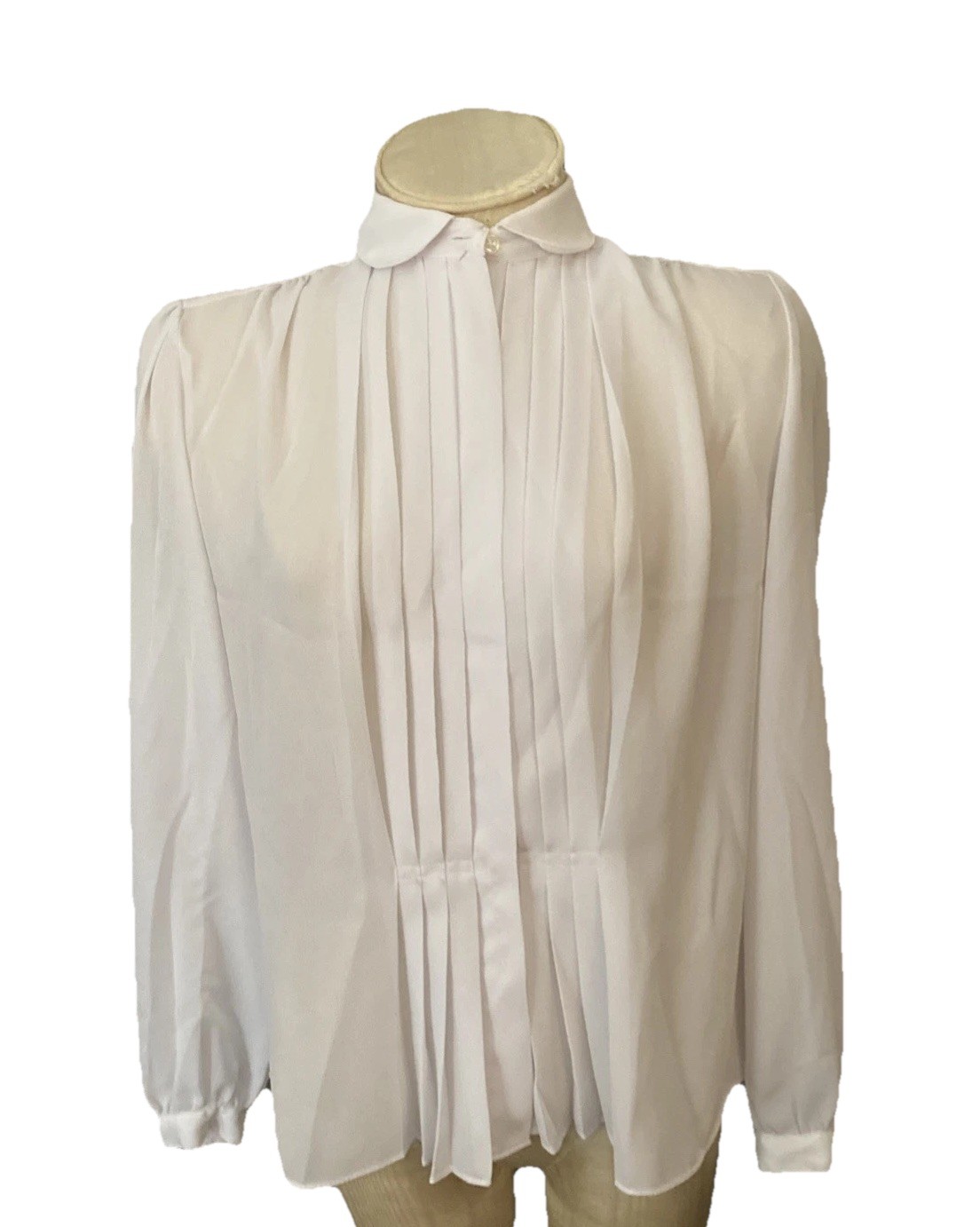 Klé VTG 80/90s Wom Estim. XS/S Beige Poly Chiffon Blouse Ruching/pintucks/pleats