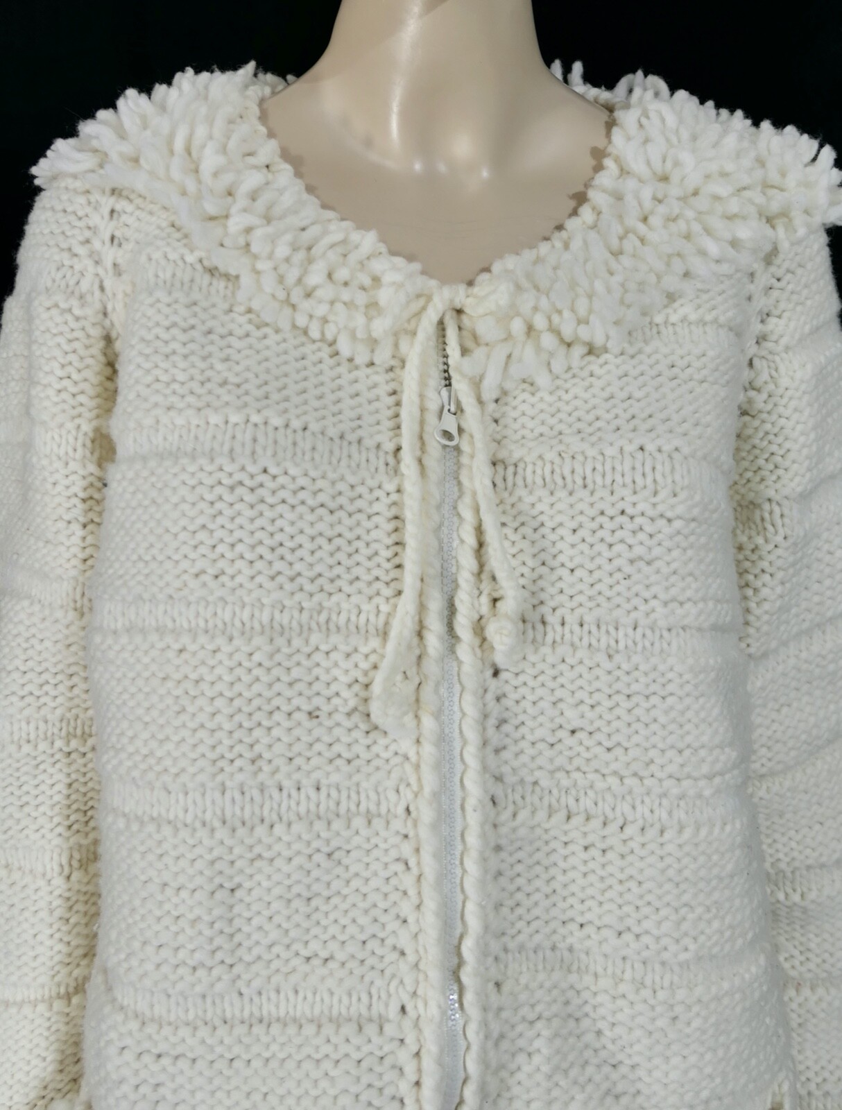 Vintage 70s Mod Hippy White Fringe Machine Wash Wool Sweater Jacket Equador M/L