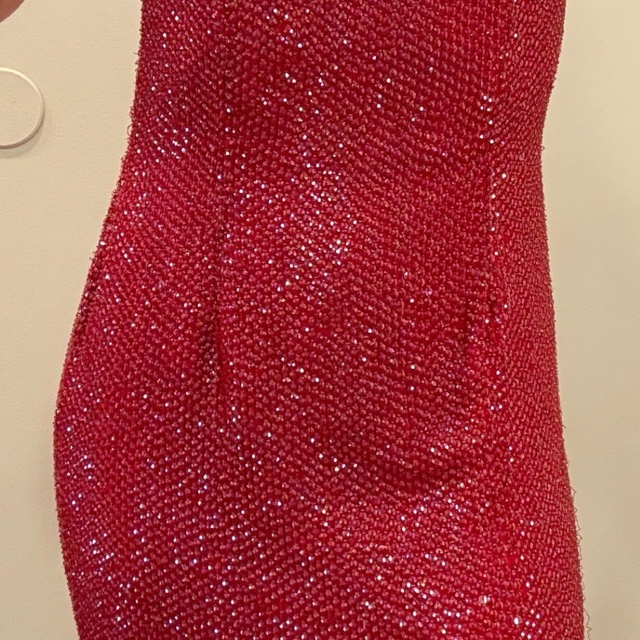 VTG Y2K Scala Red Beaded Silk Strapless Maxi Gown Slit Prom Sz M Jessica Rabbit