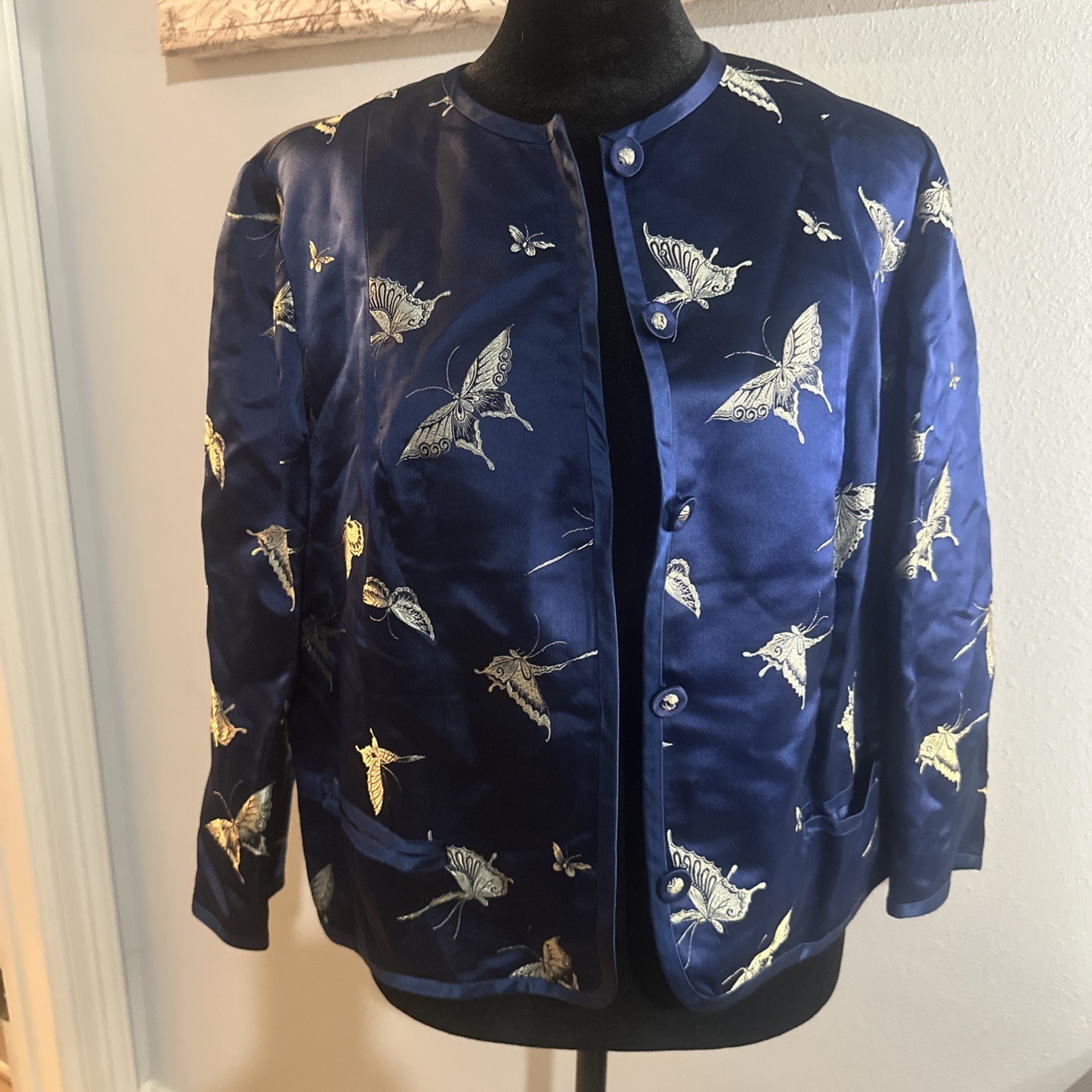 Ying Tai Ltd Vintage Women Jacket Silk Gold Butterfly Motif Hong Kong Boutique