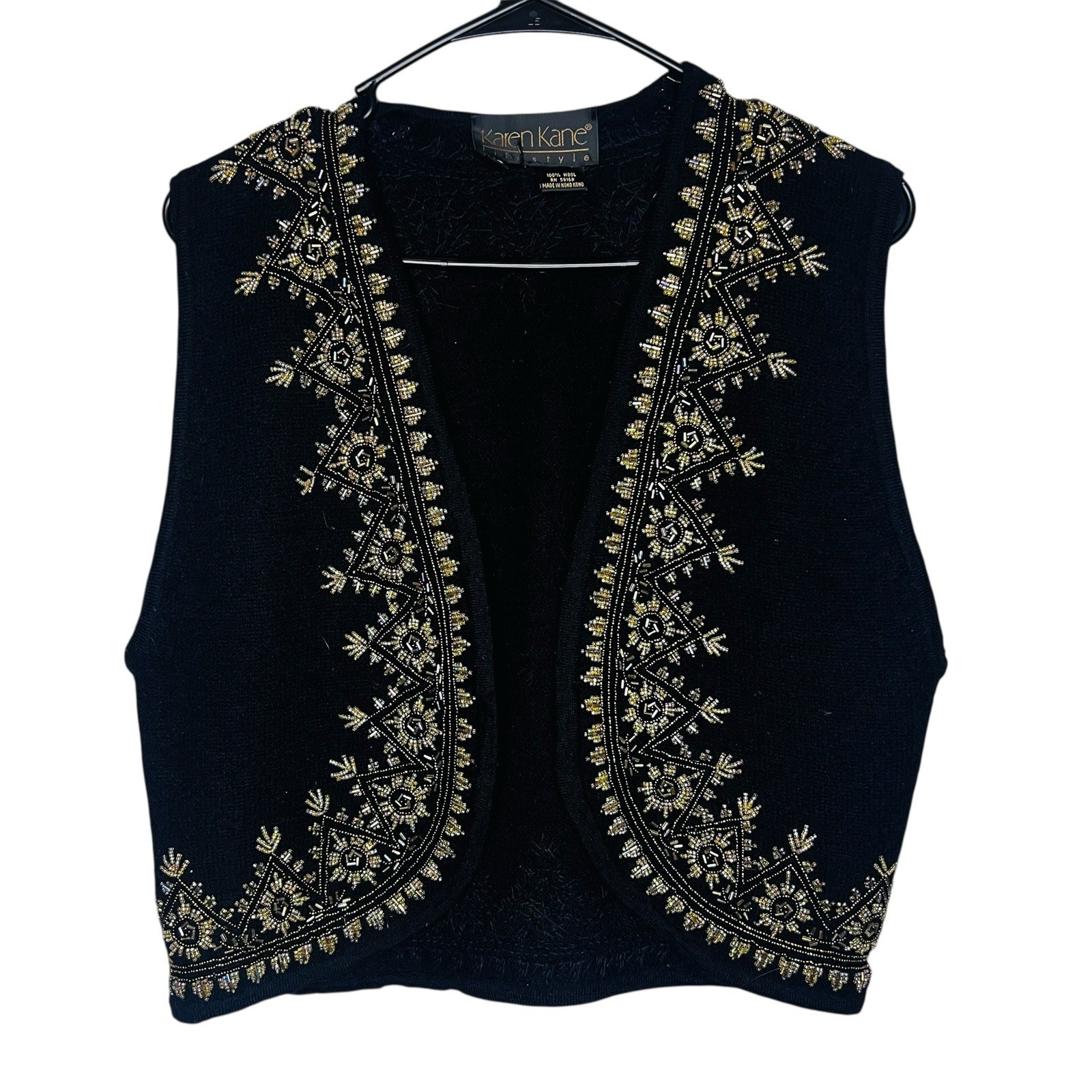 Black Wool Women Vintage Vest w/ Bronze & Silver Embroidered Beading