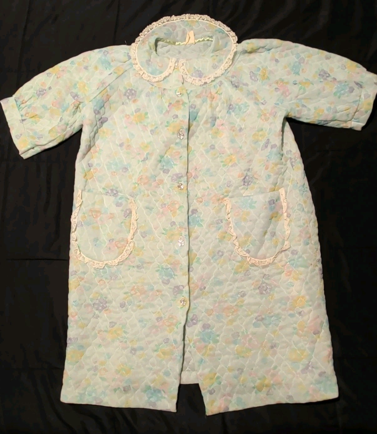 Vintage Pastel Floral Lace Smart Time Housecoat Quilted Buttons Nylon Grannycore